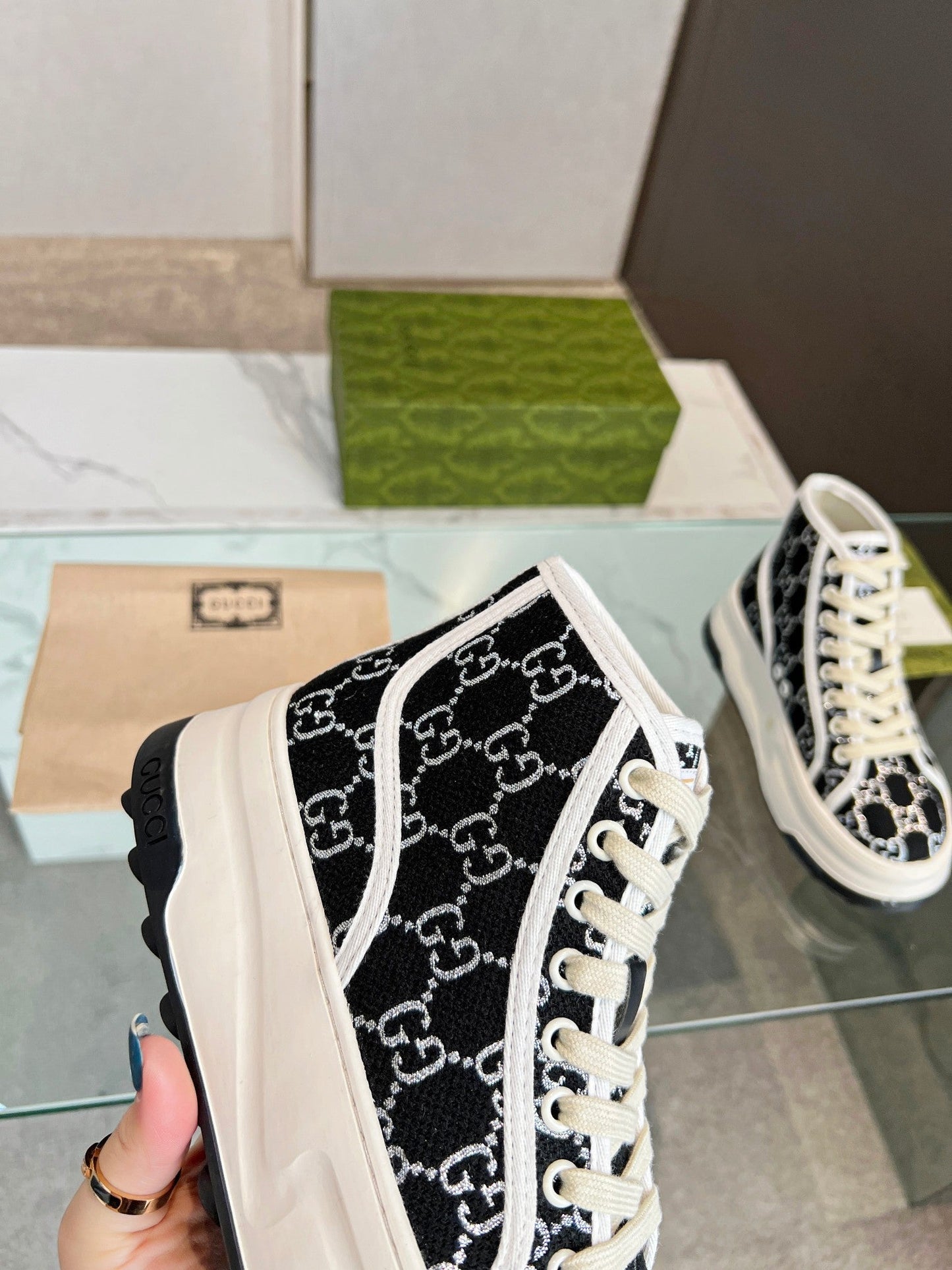 GG High Top Sneakers 50mm Black White Monogram Canvas 457434
