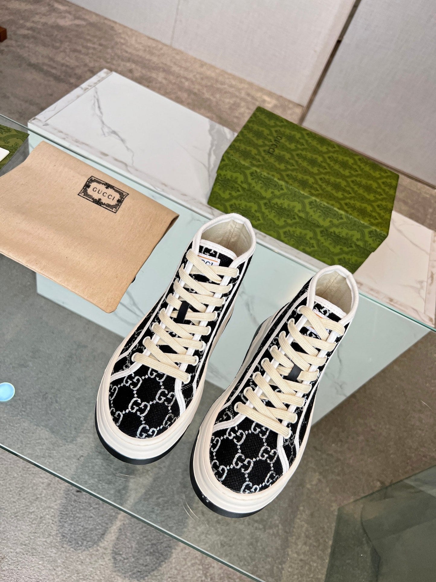GG High Top Sneakers 50mm Black White Monogram Canvas 457434