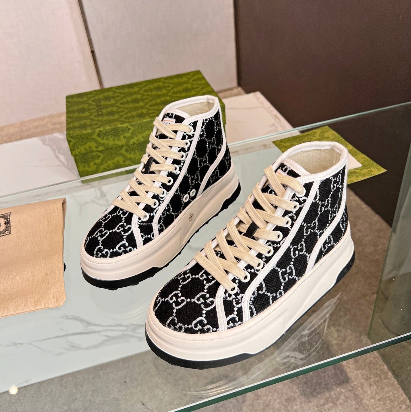 GG High Top Sneakers 50mm Black White Monogram Canvas 457434