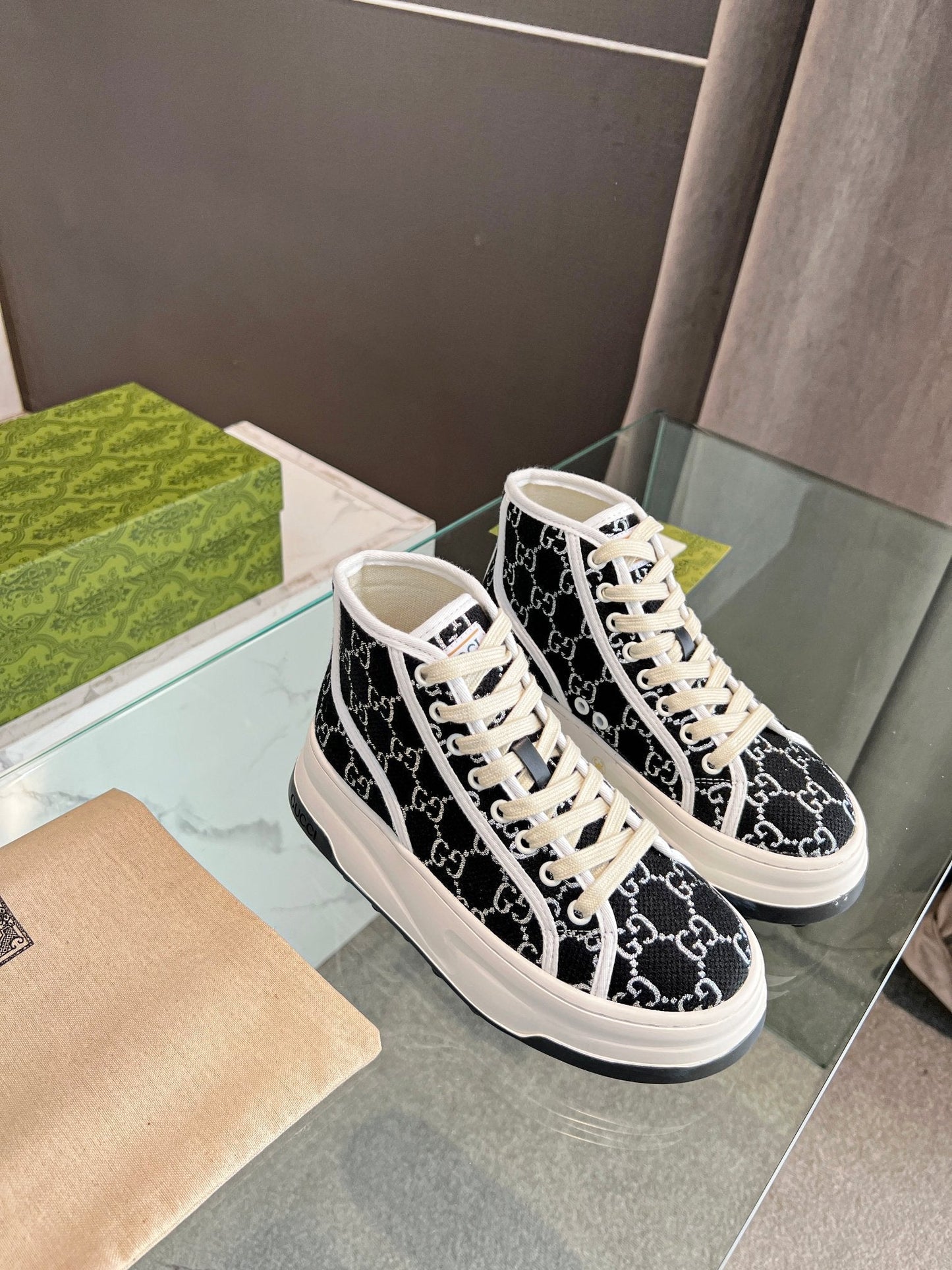 GG High Top Sneakers 50mm Black White Monogram Canvas 457434