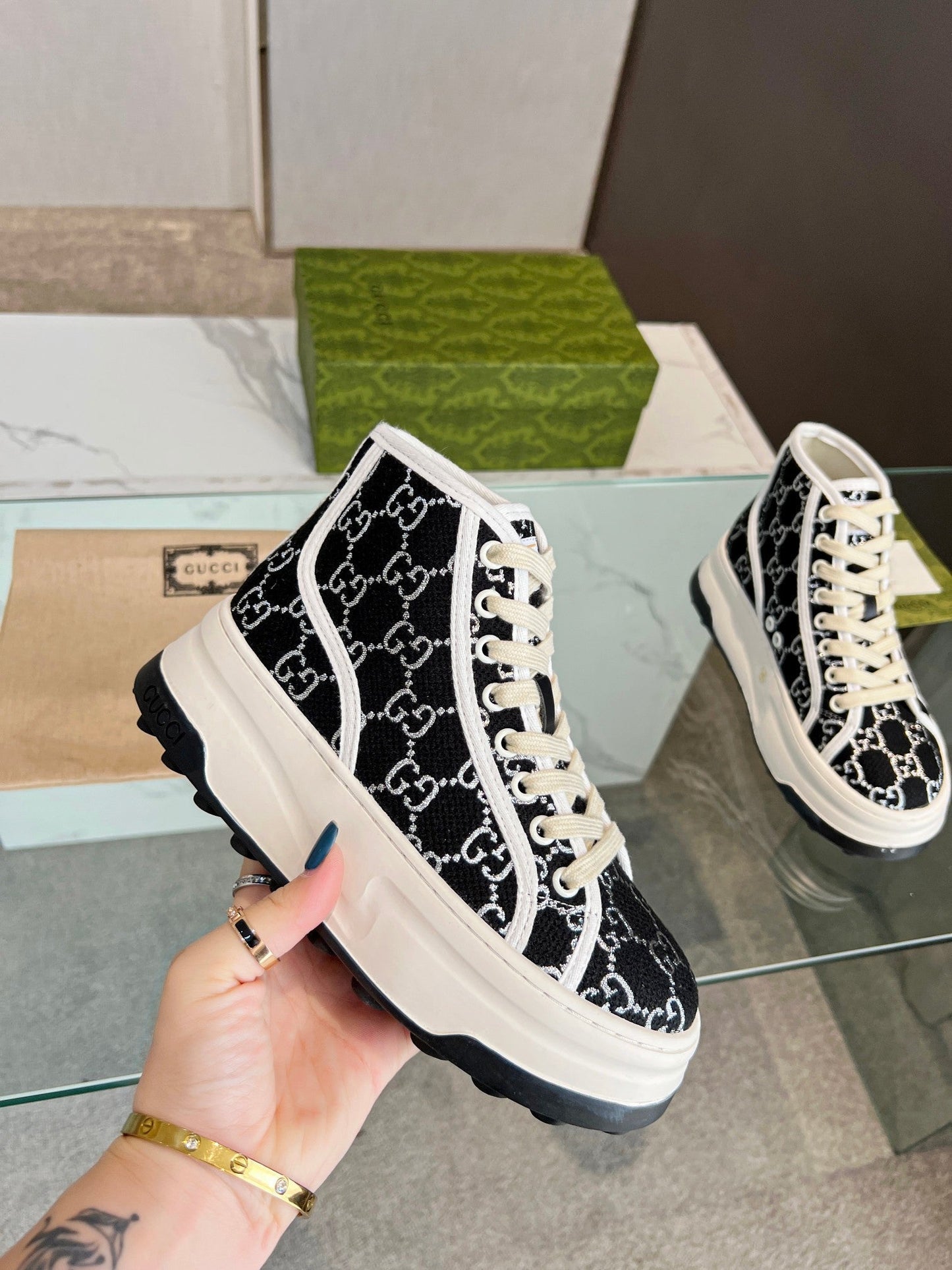 GG High Top Sneakers 50mm Black White Monogram Canvas 457434