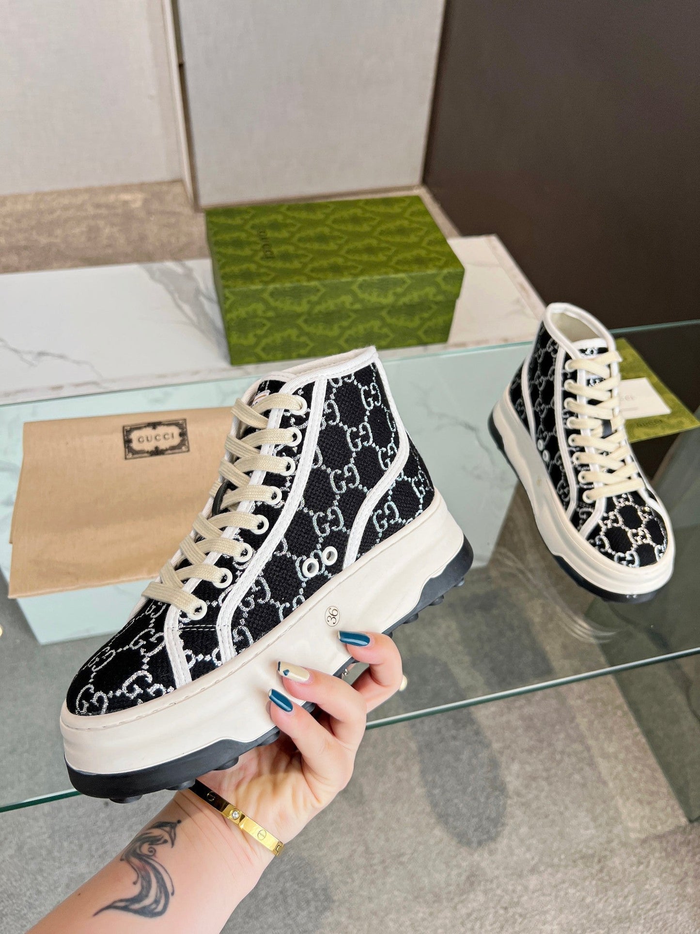 GG High Top Sneakers 50mm Black White Monogram Canvas 457434