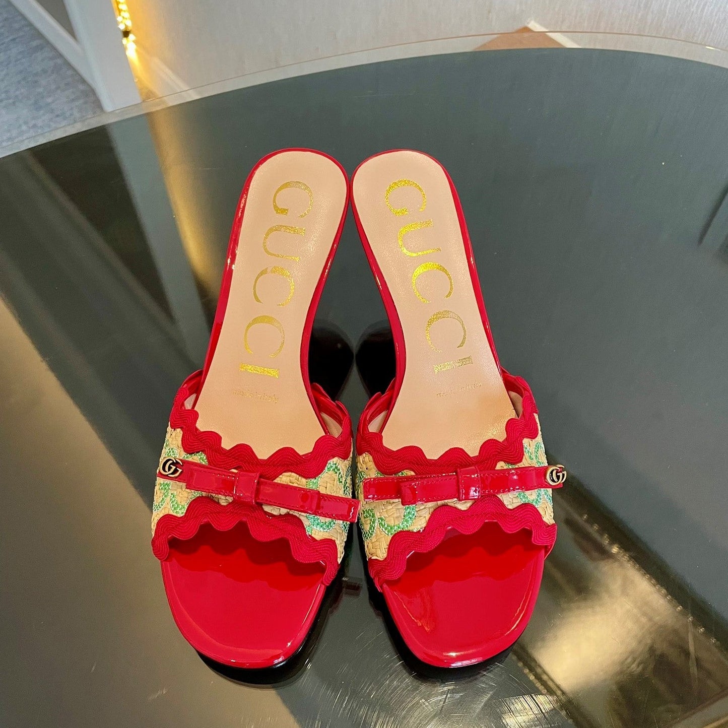 GG Kertu Sandals 6cm Beige Red Green Raffia Leather 695686