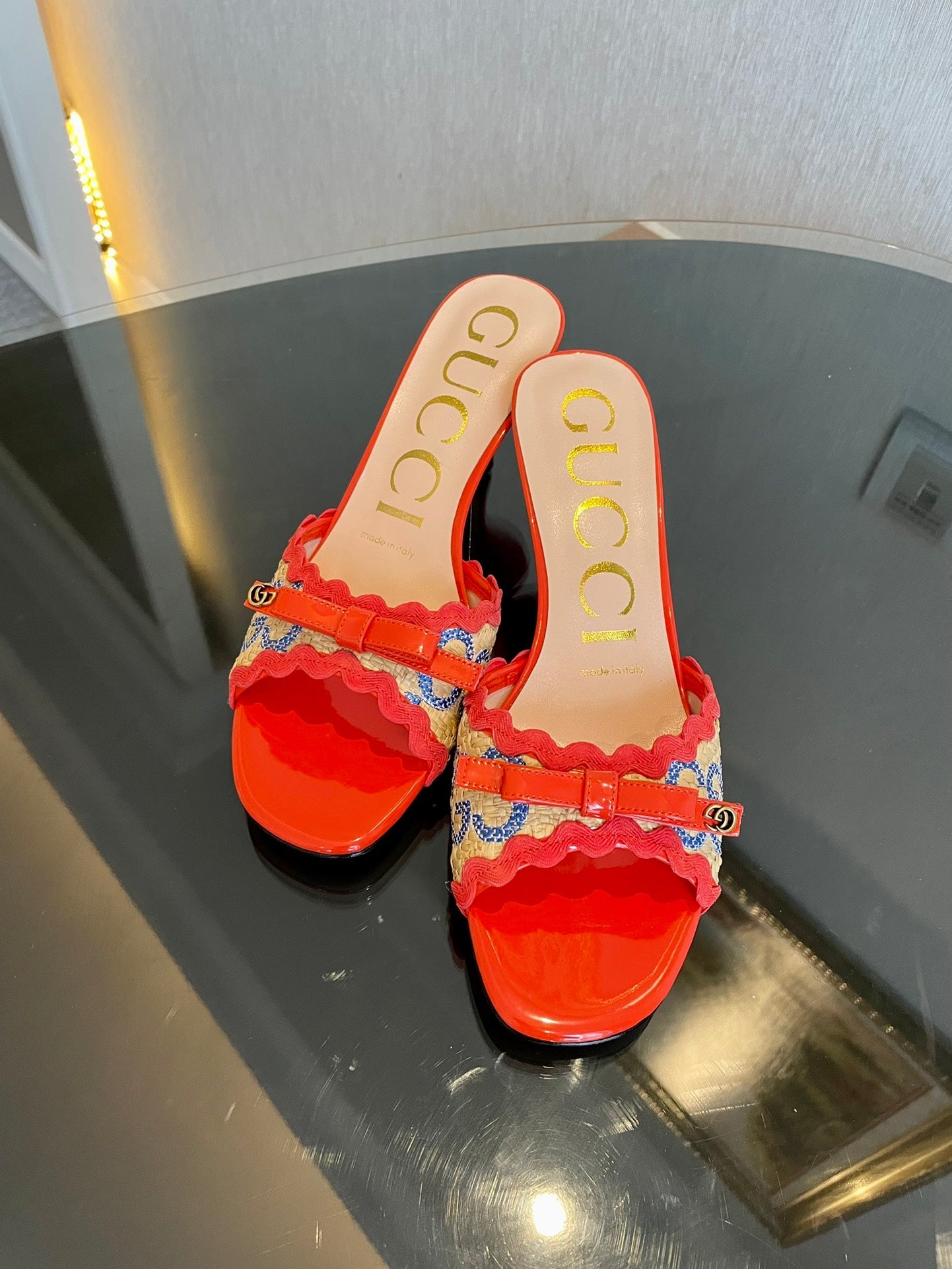 GG Kertu Sandals 6cm Beige Red Blue Raffia Leather 695687