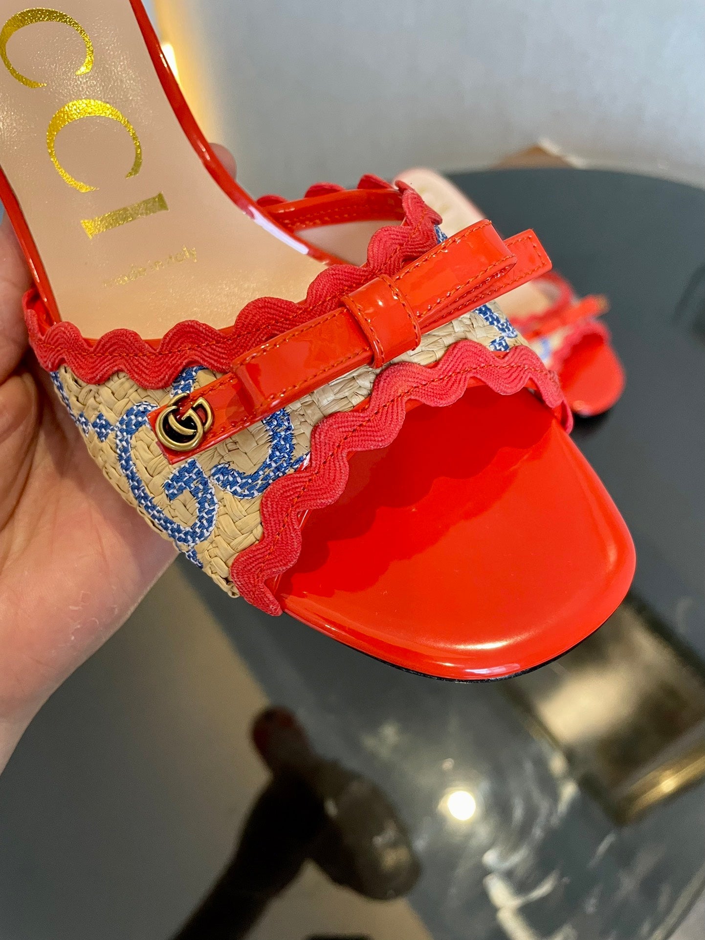 GG Kertu Sandals 6cm Beige Red Blue Raffia Leather 695687