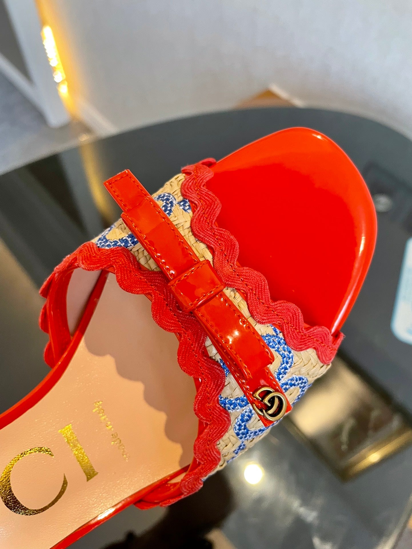 GG Kertu Sandals 6cm Beige Red Blue Raffia Leather 695687