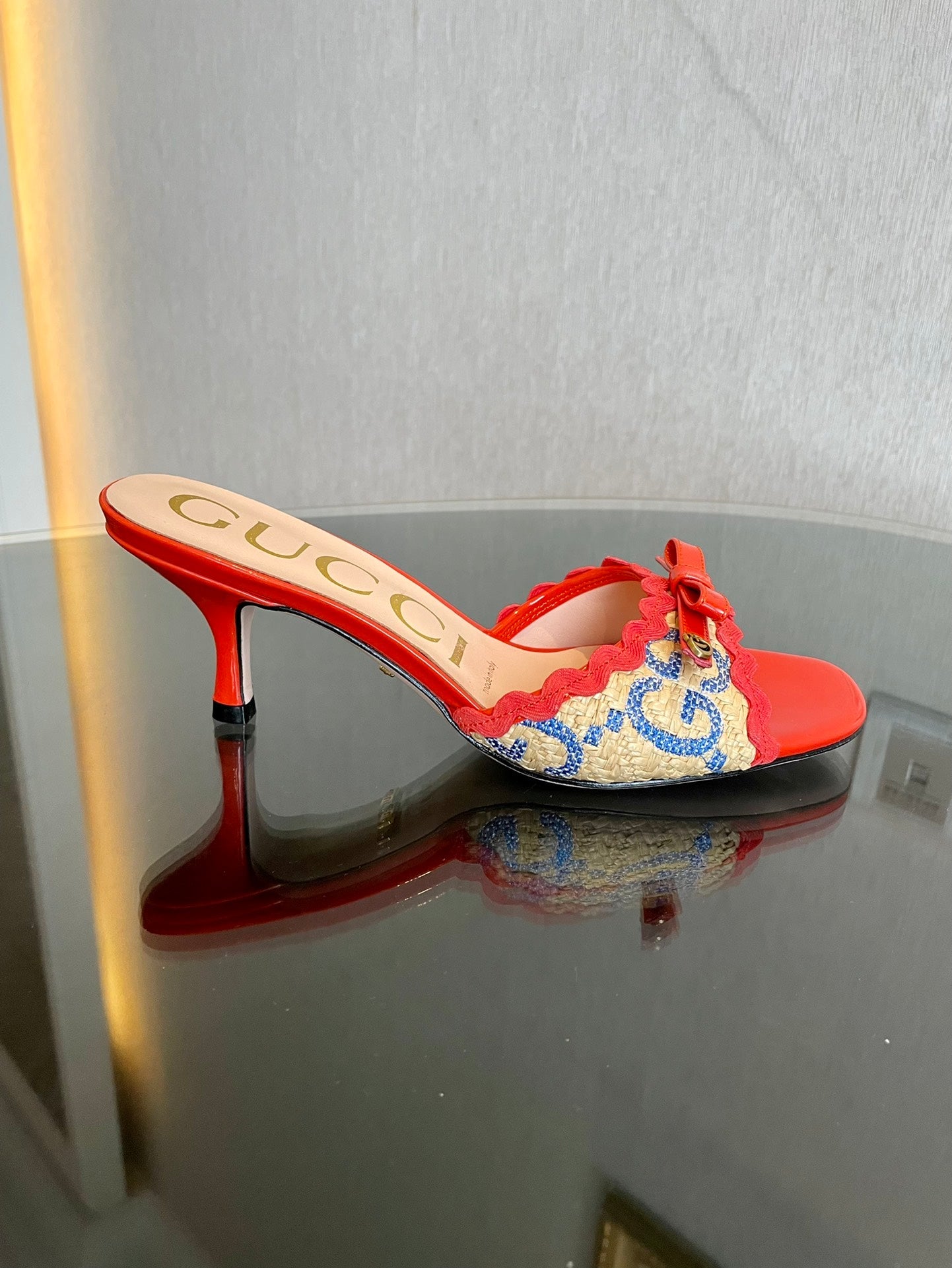 GG Kertu Sandals 6cm Beige Red Blue Raffia Leather 695687