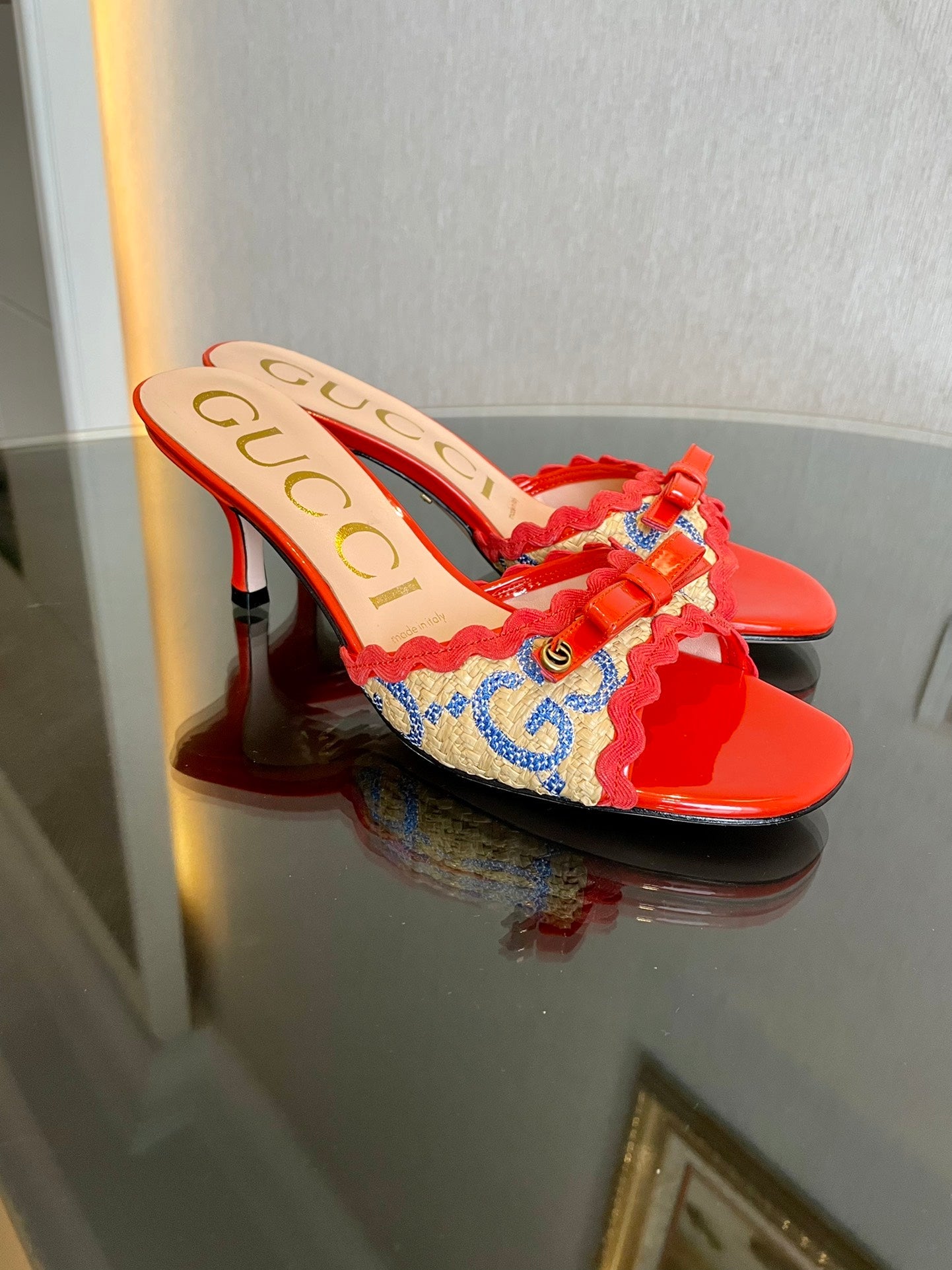 GG Kertu Sandals 6cm Beige Red Blue Raffia Leather 695687