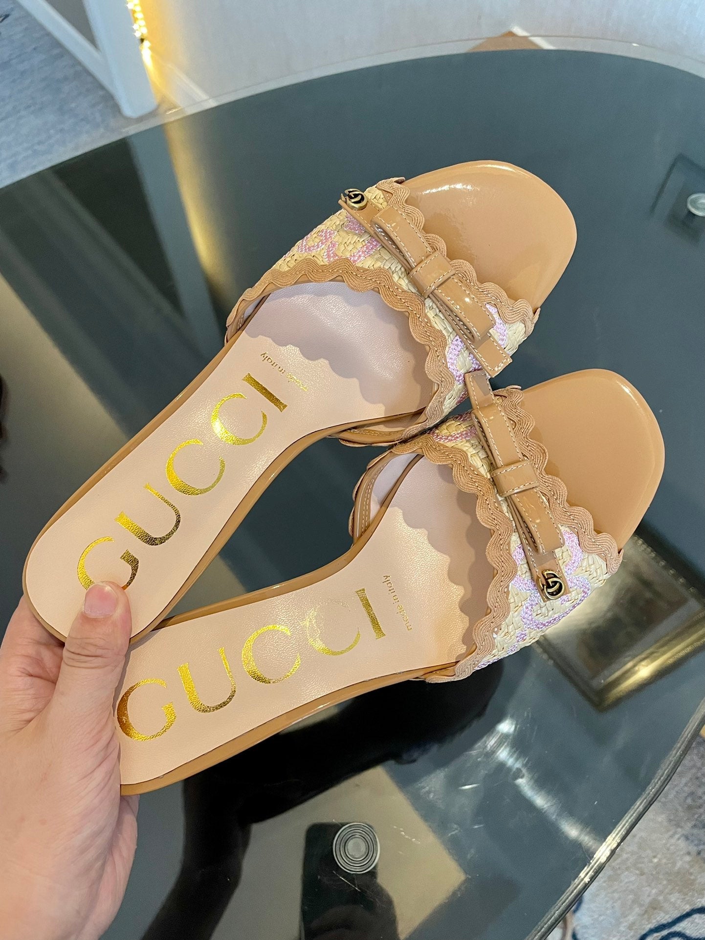 GG Kertu Sandals 6cm Beige Raffia Leather 695688