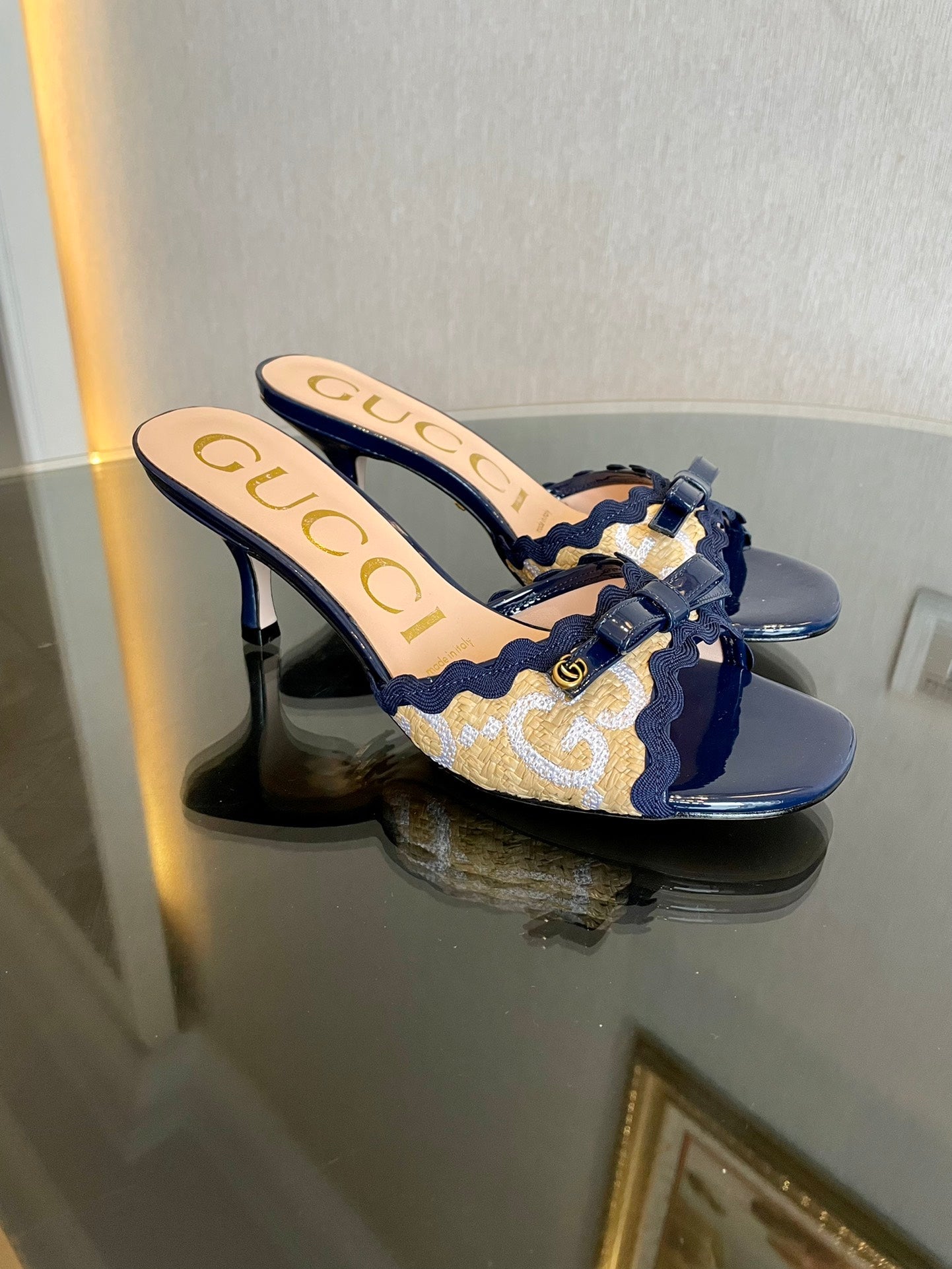 GG Kertu Sandals 6cm Beige Blue Raffia Leather 695689