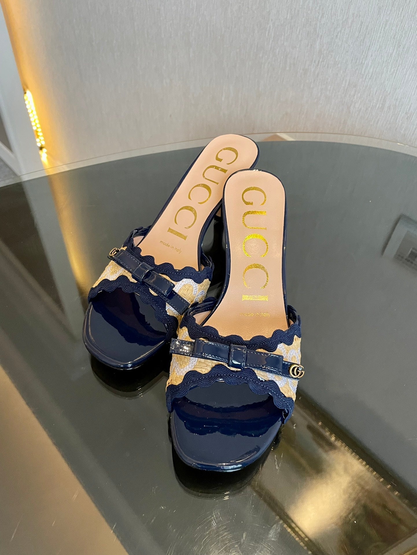 GG Kertu Sandals 6cm Beige Blue Raffia Leather 695689