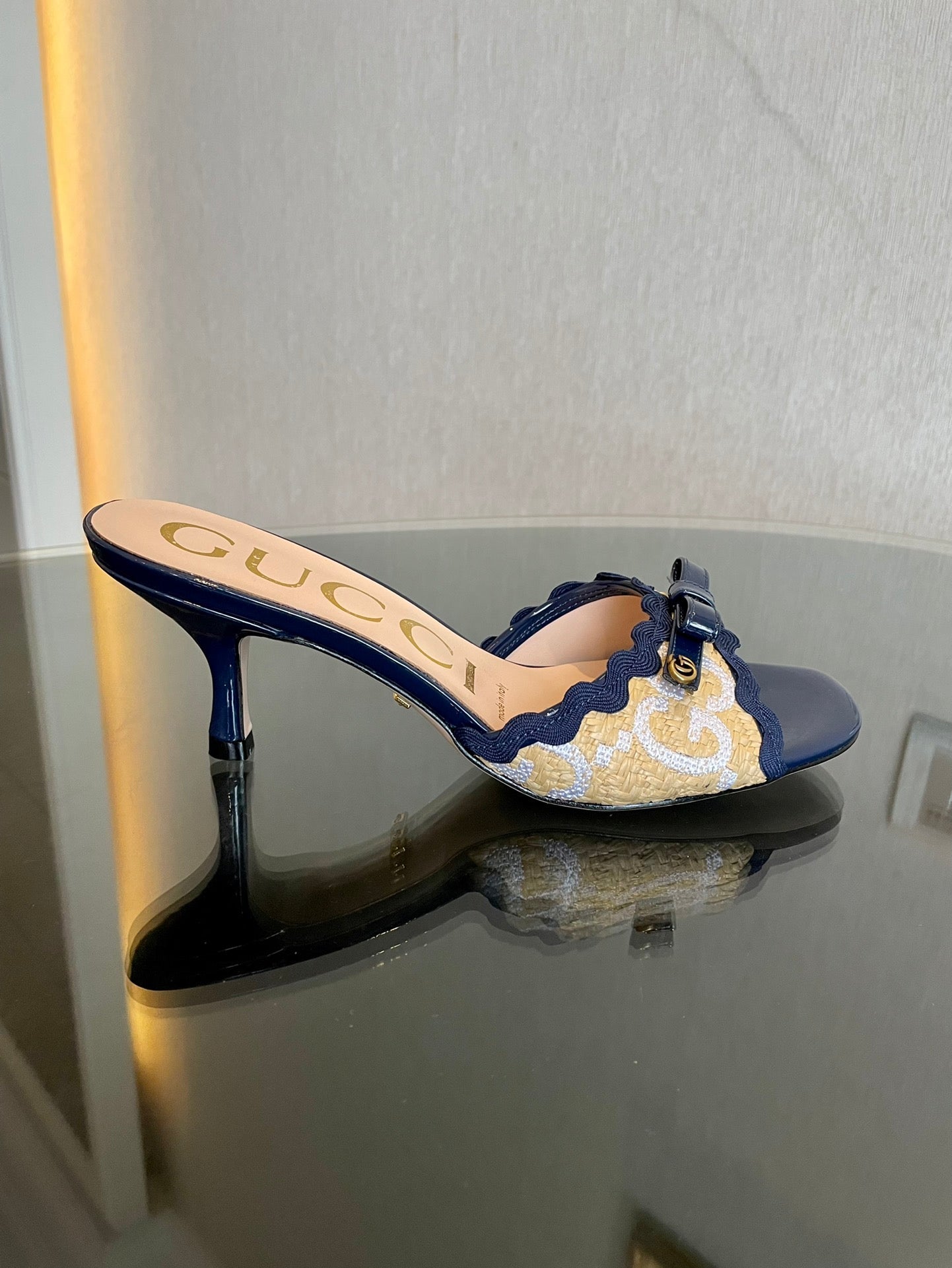 GG Kertu Sandals 6cm Beige Blue Raffia Leather 695689