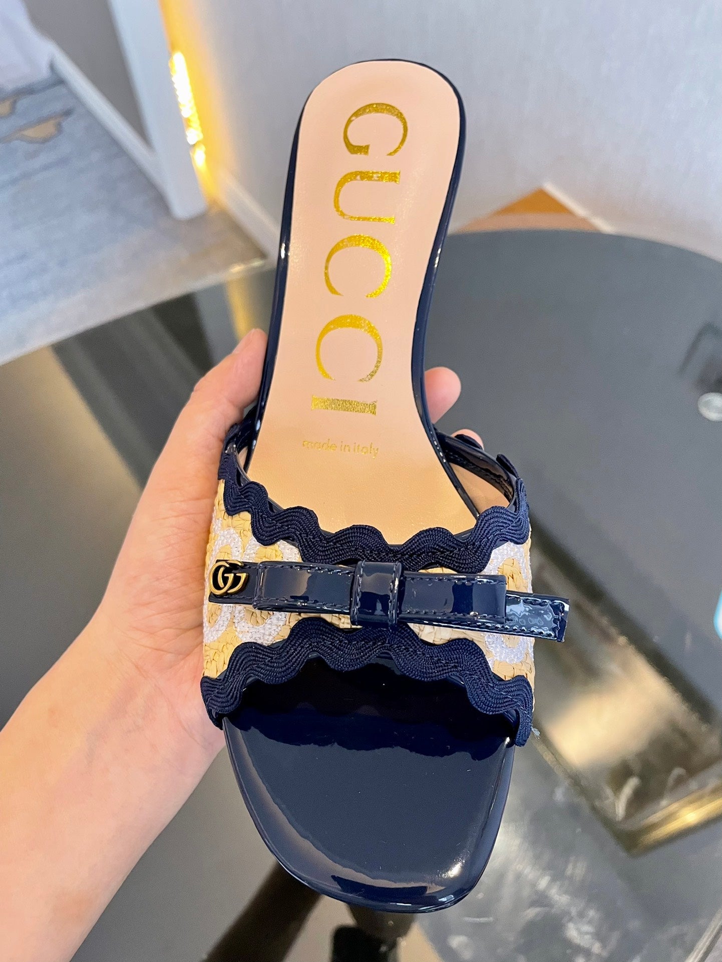 GG Kertu Sandals 6cm Beige Blue Raffia Leather 695689