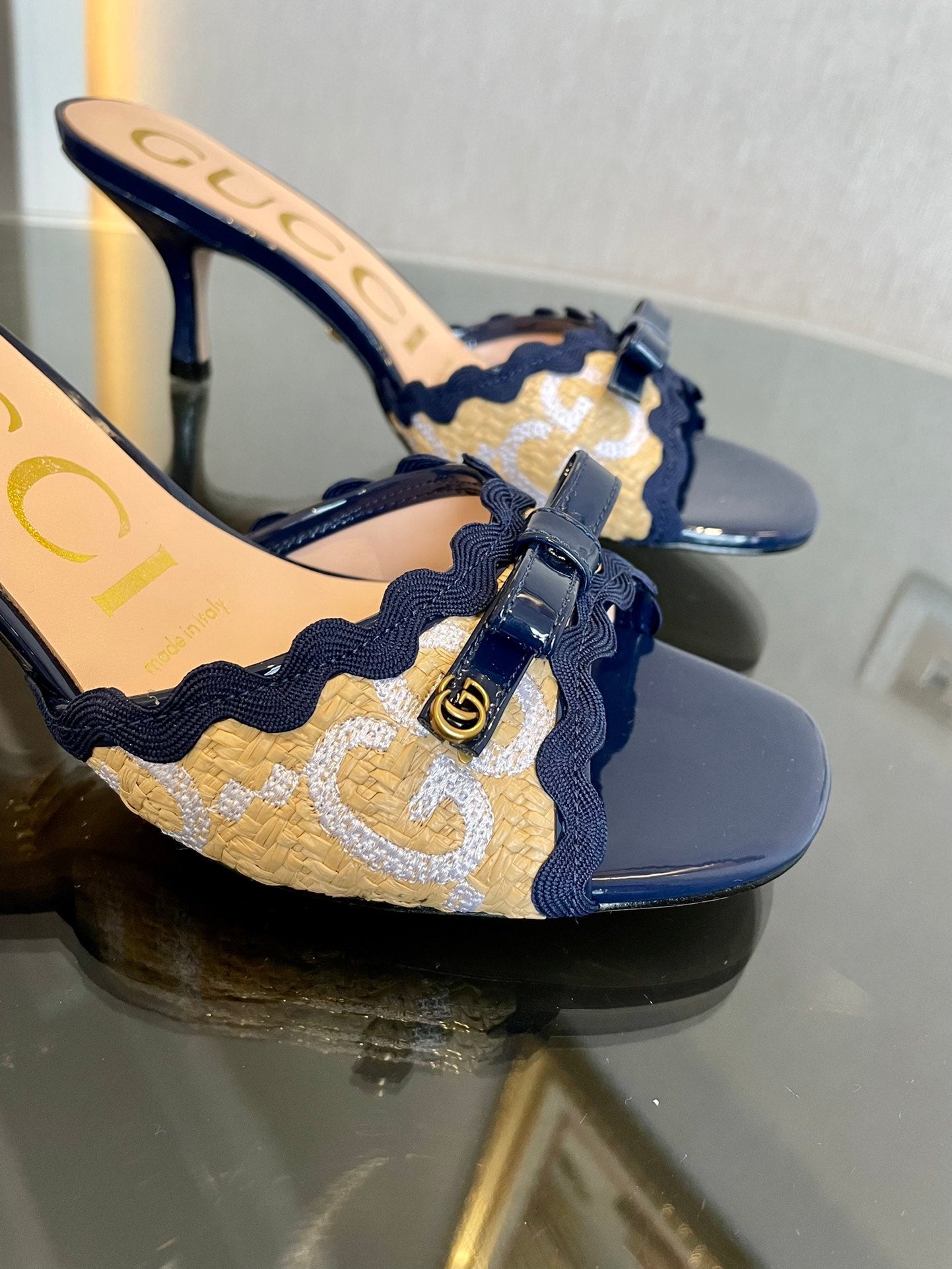 GG Kertu Sandals 6cm Beige Blue Raffia Leather 695689