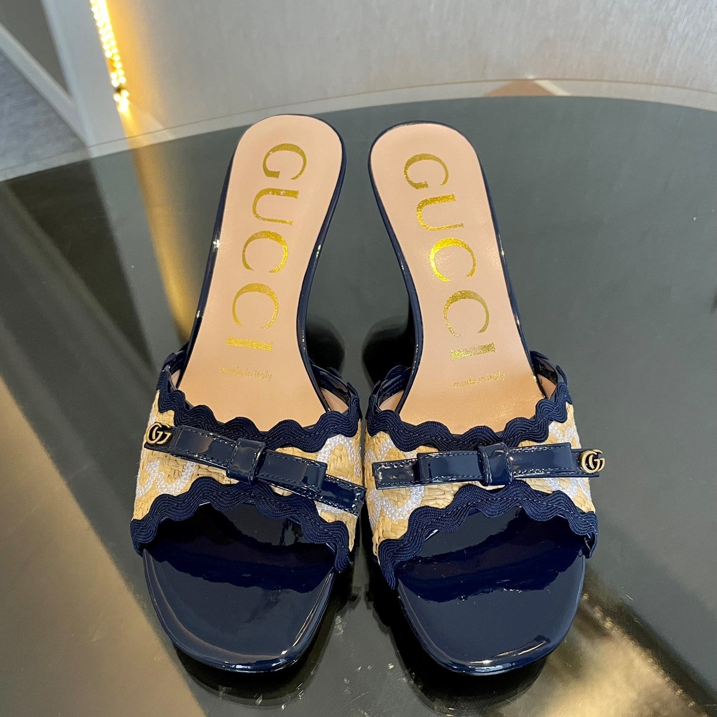GG Kertu Sandals 6cm Beige Blue Raffia Leather 695689
