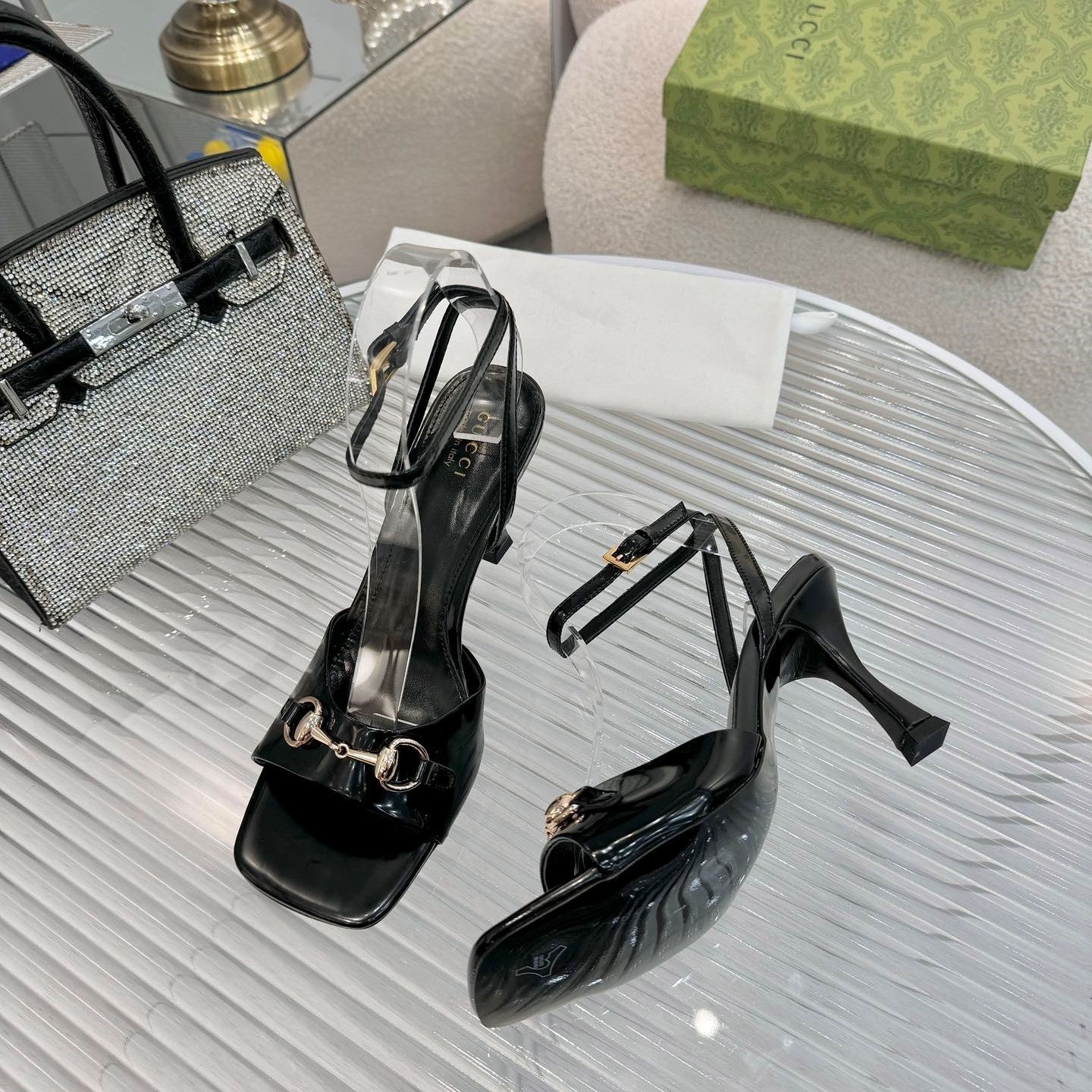 GG Gold Buckle Sandal 80mm Black Patent Leather 457555