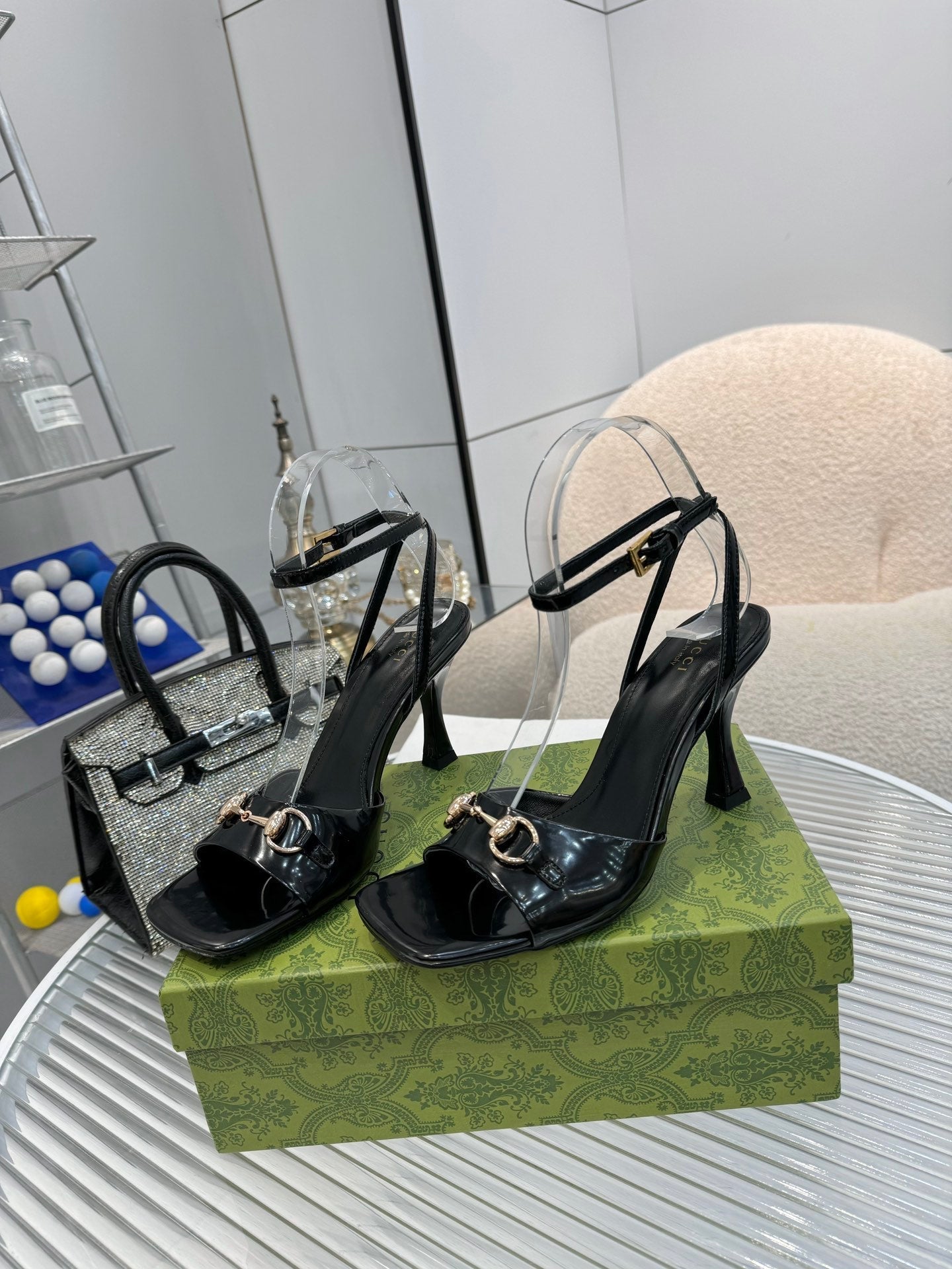 GG Gold Buckle Sandal 80mm Black Patent Leather 457555