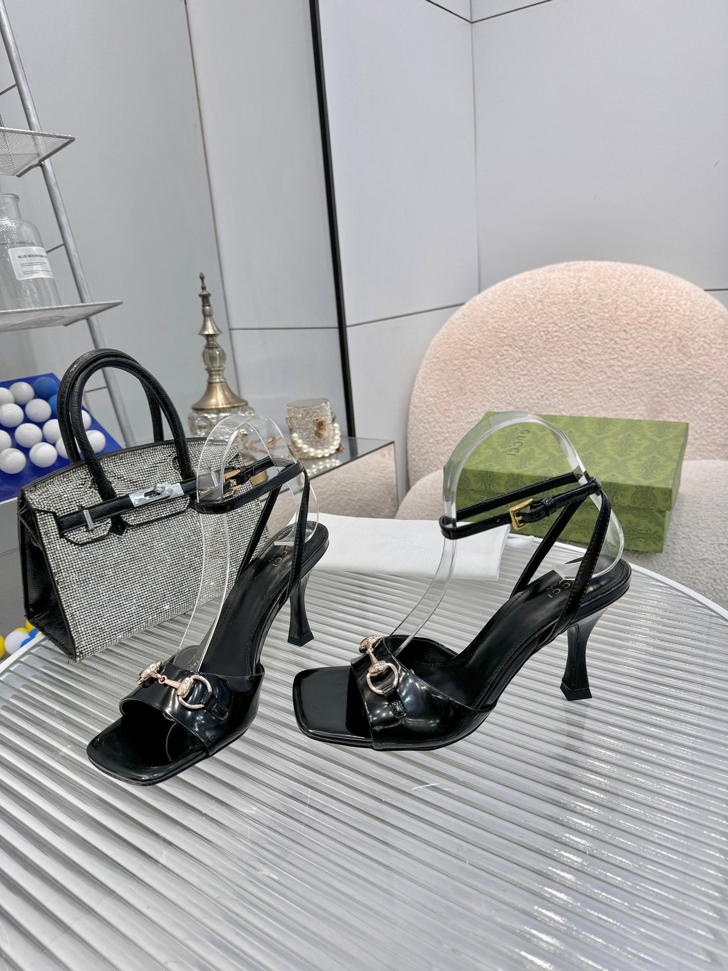 GG Gold Buckle Sandal 80mm Black Patent Leather 457555