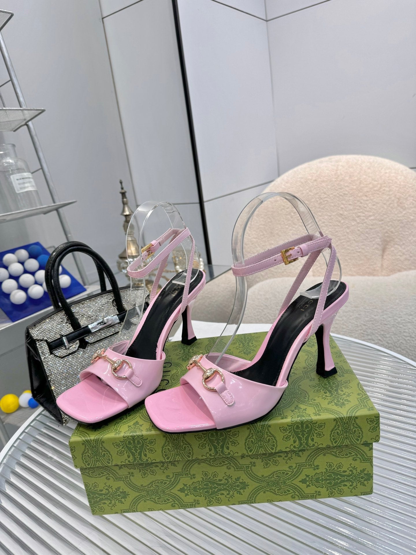 GG Gold Buckle Sandal 80mm Light Pink Patent Leather 457556