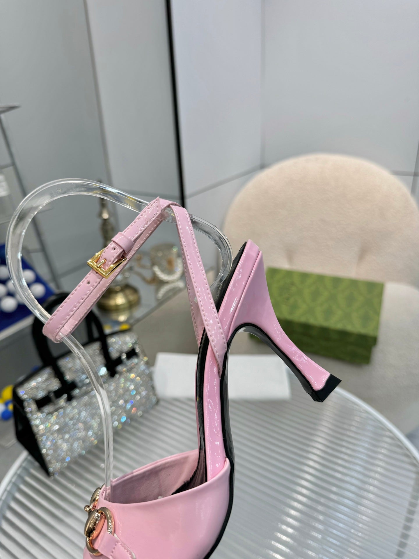 GG Gold Buckle Sandal 80mm Light Pink Patent Leather 457556