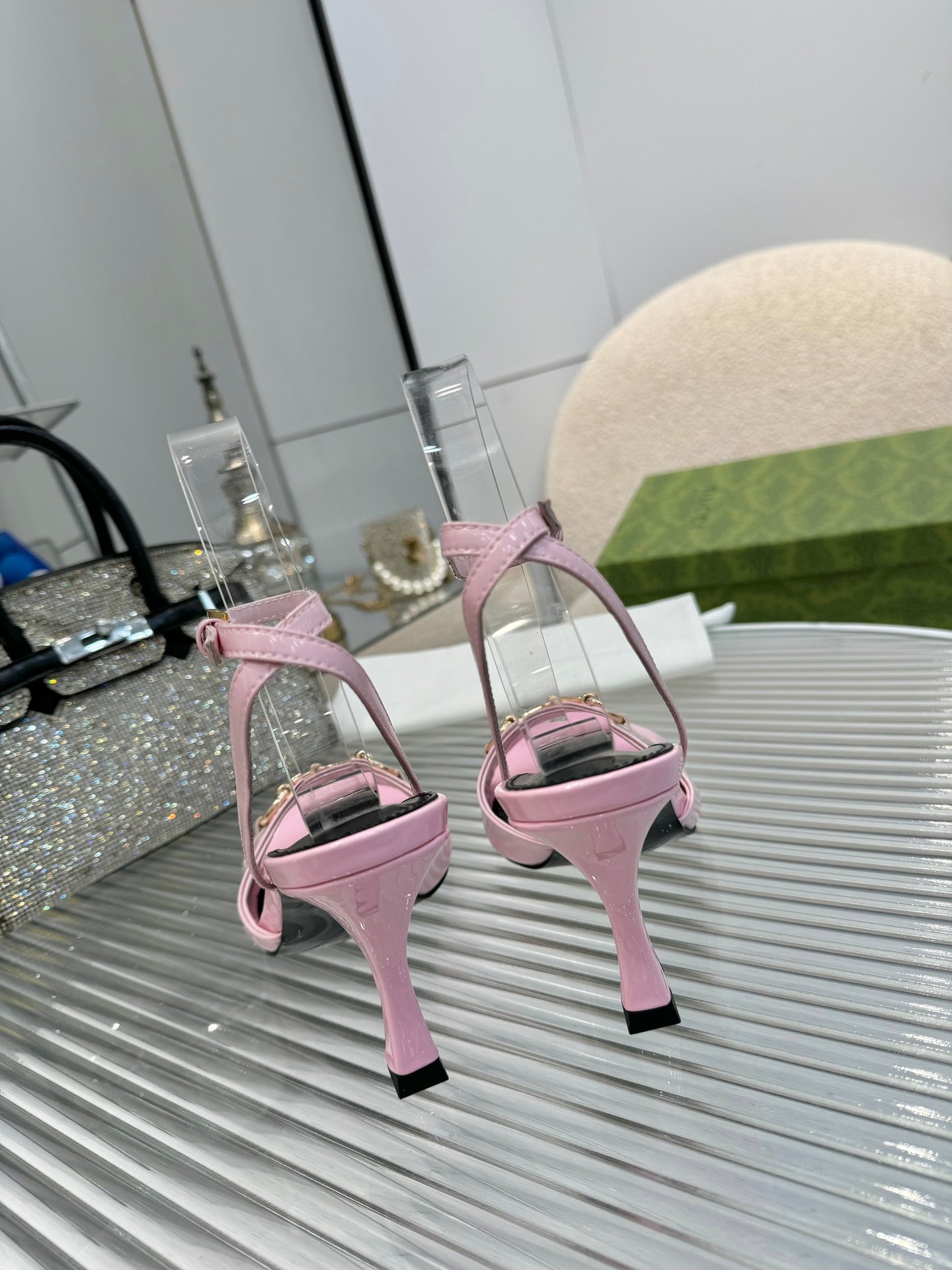 GG Gold Buckle Sandal 80mm Light Pink Patent Leather 457556