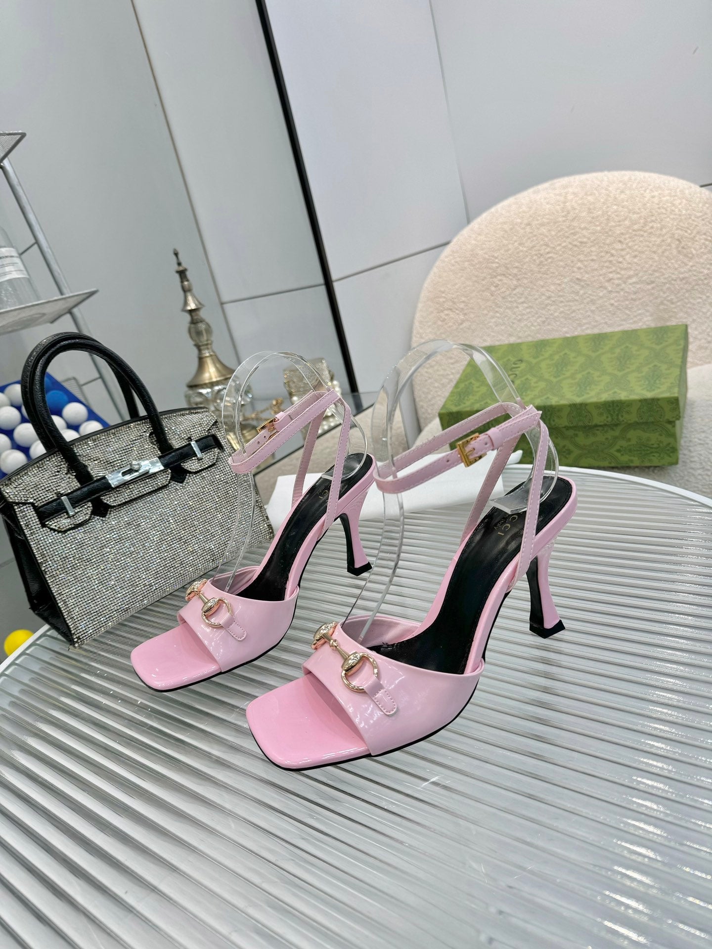 GG Gold Buckle Sandal 80mm Light Pink Patent Leather 457556