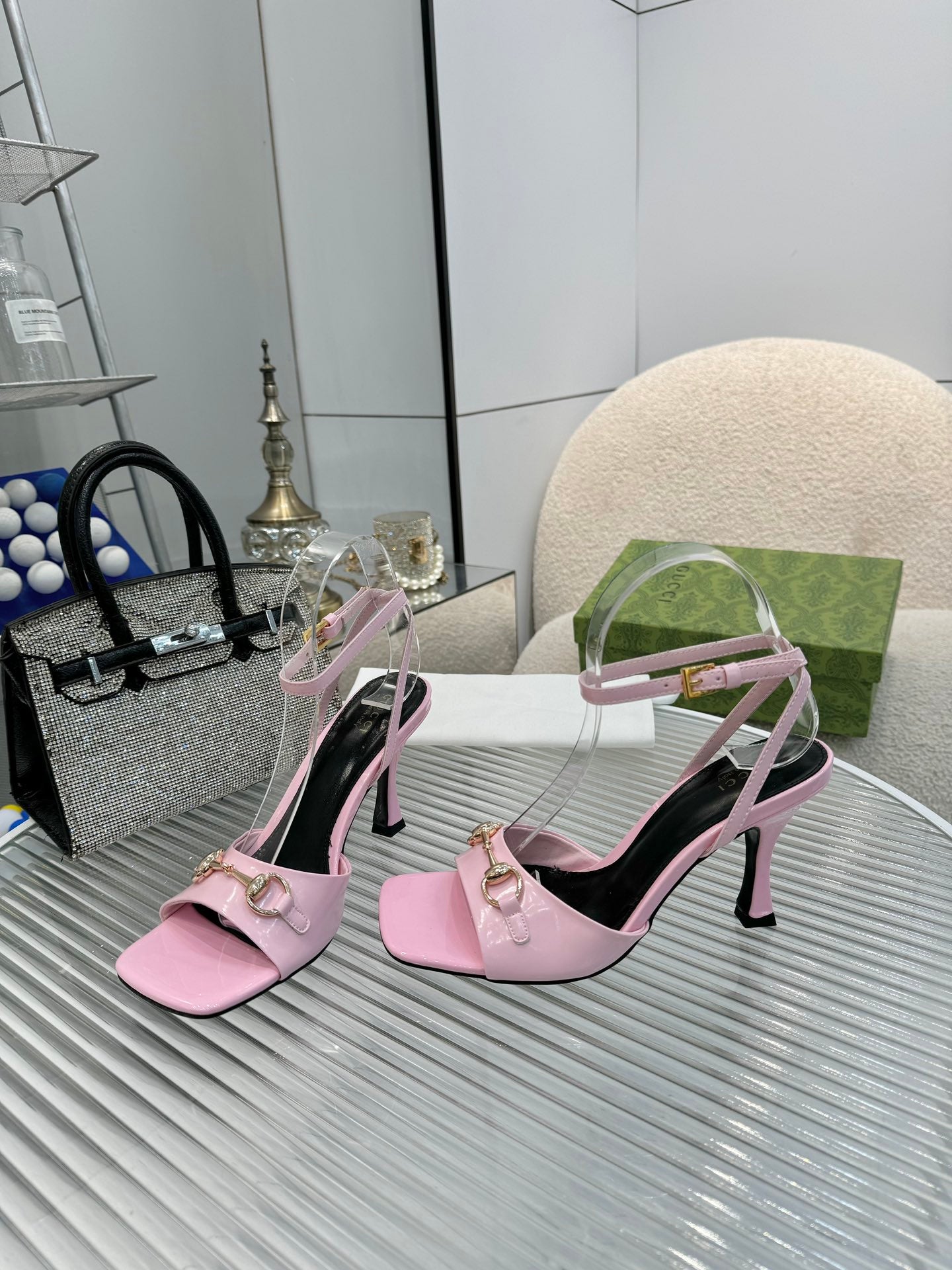 GG Gold Buckle Sandal 80mm Light Pink Patent Leather 457556