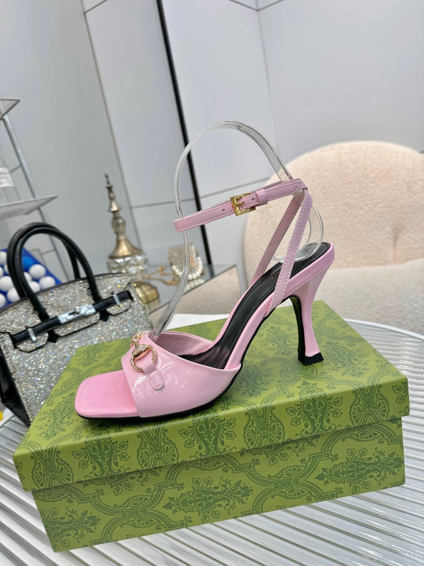 GG Gold Buckle Sandal 80mm Light Pink Patent Leather 457556