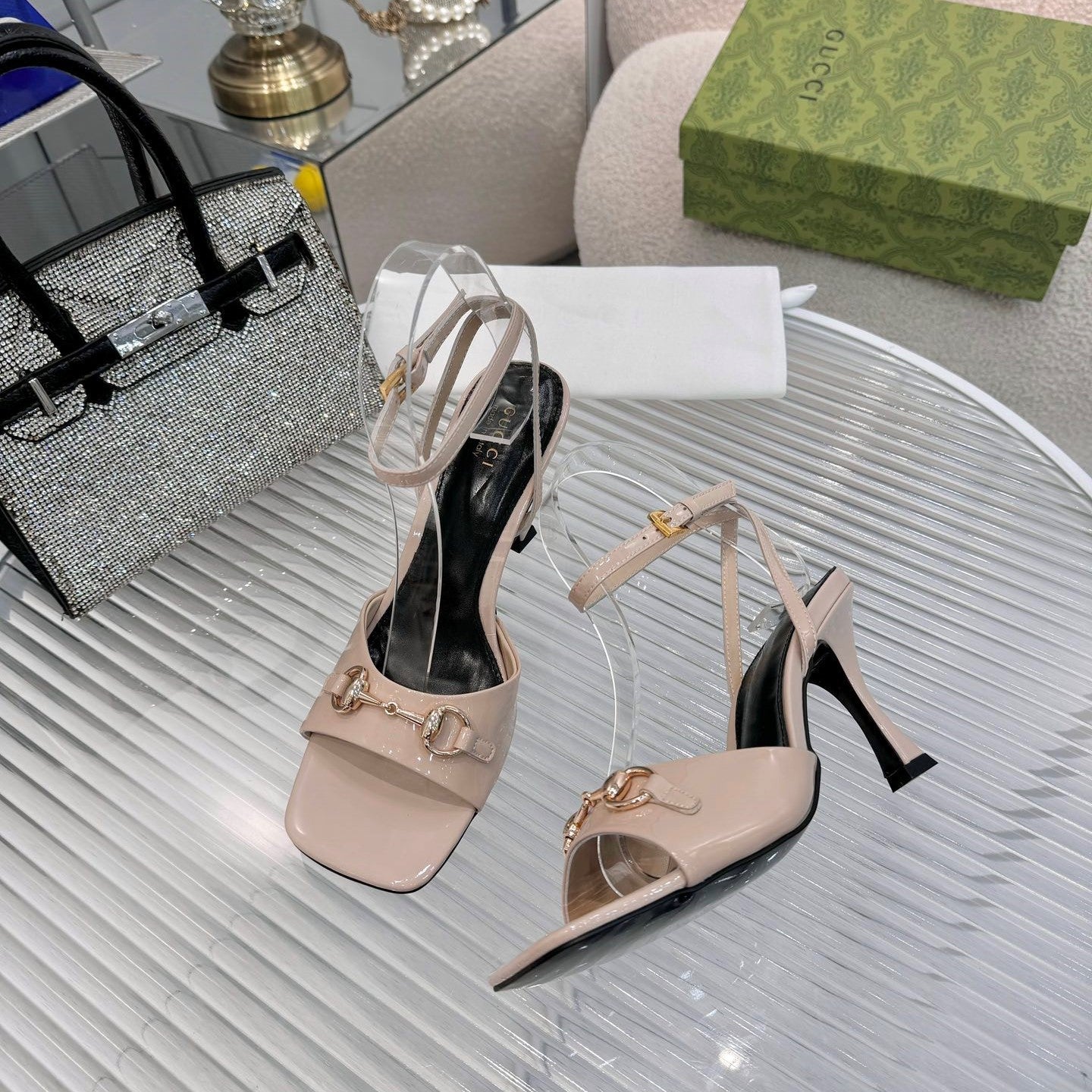 GG Gold Buckle Sandal 80mm Beige Patent Leather 457557