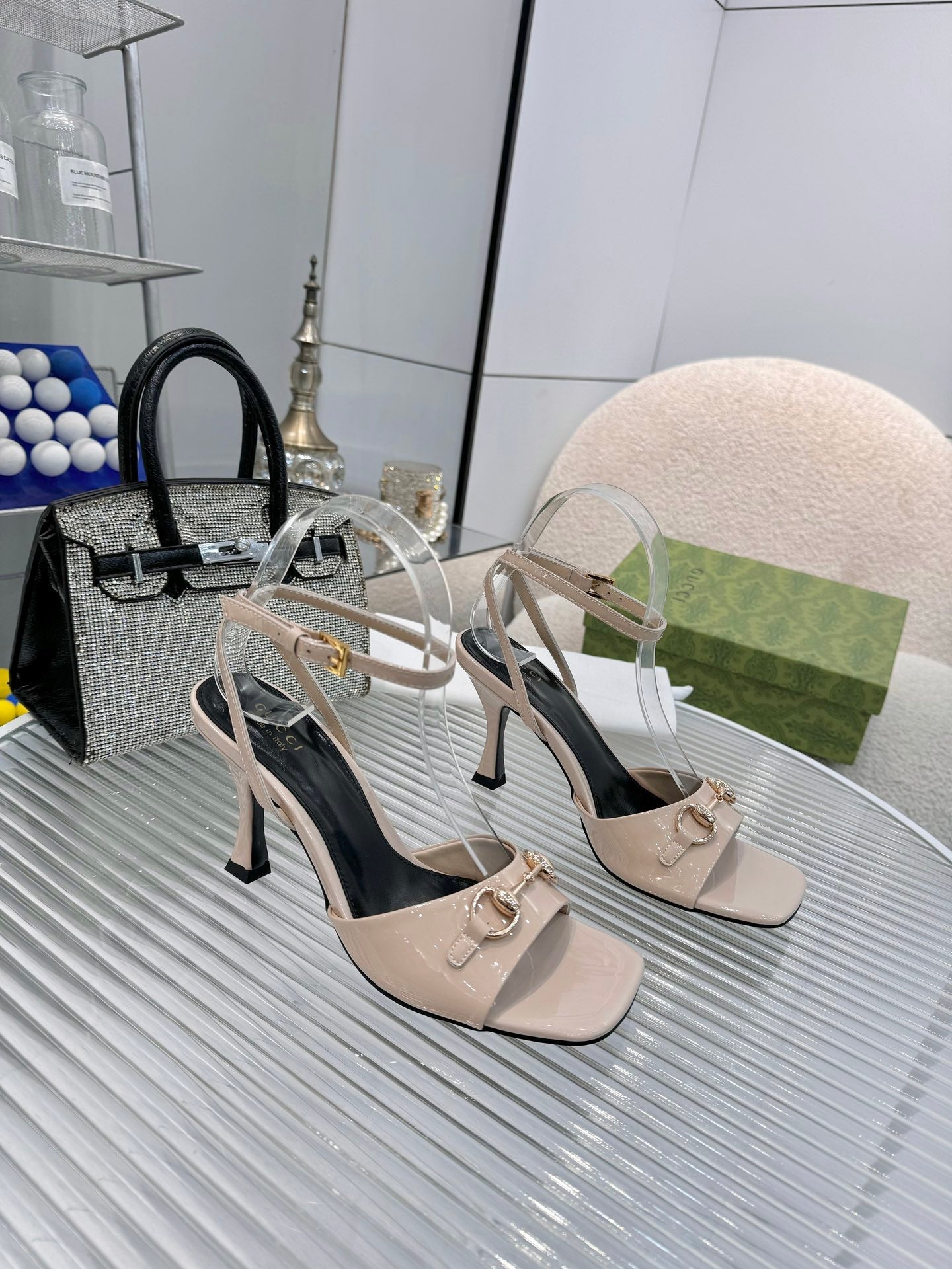 GG Gold Buckle Sandal 80mm Beige Patent Leather 457557