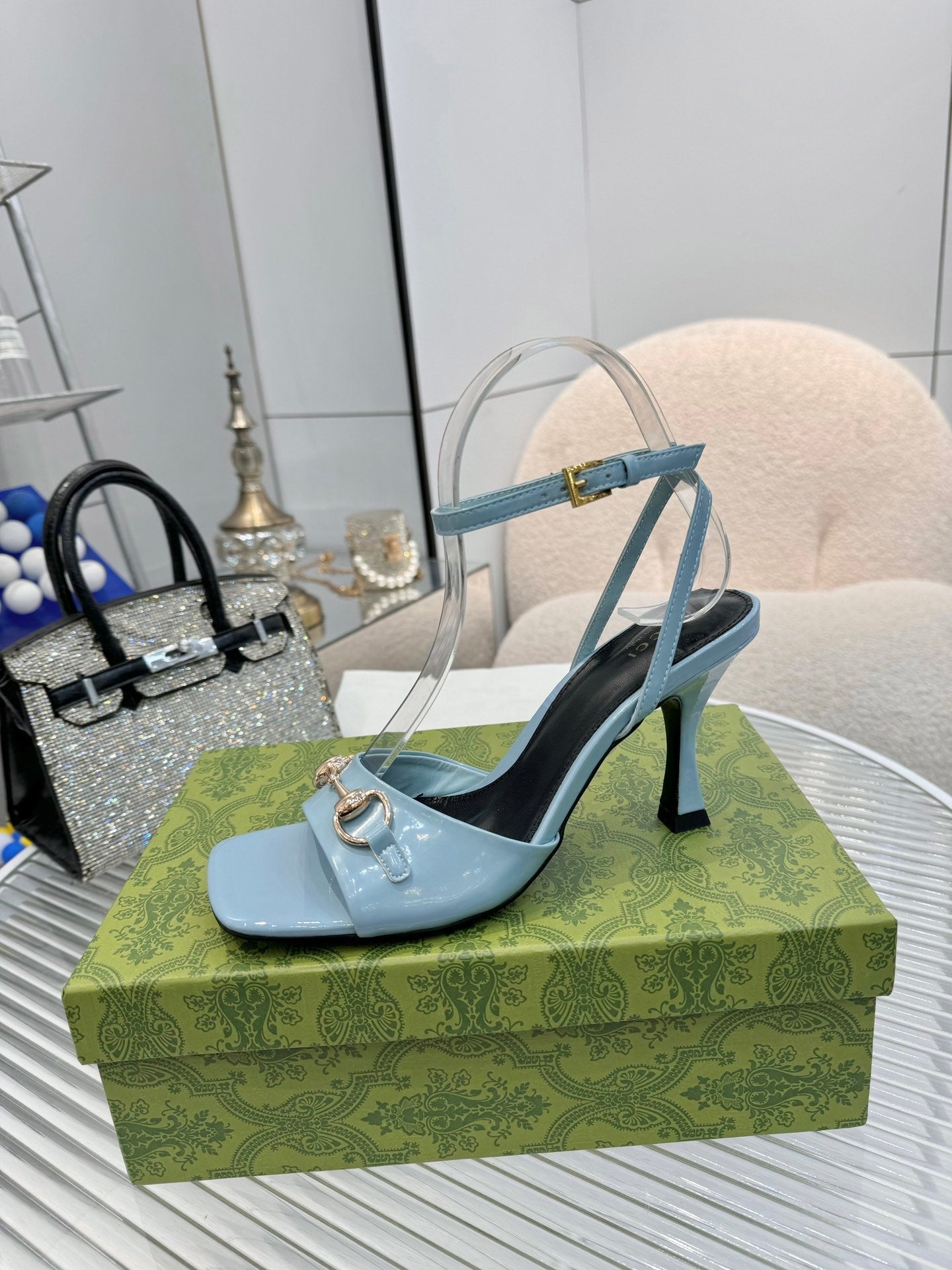 GG Gold Buckle Sandal 80mm Blue-gray Patent Leather 457558