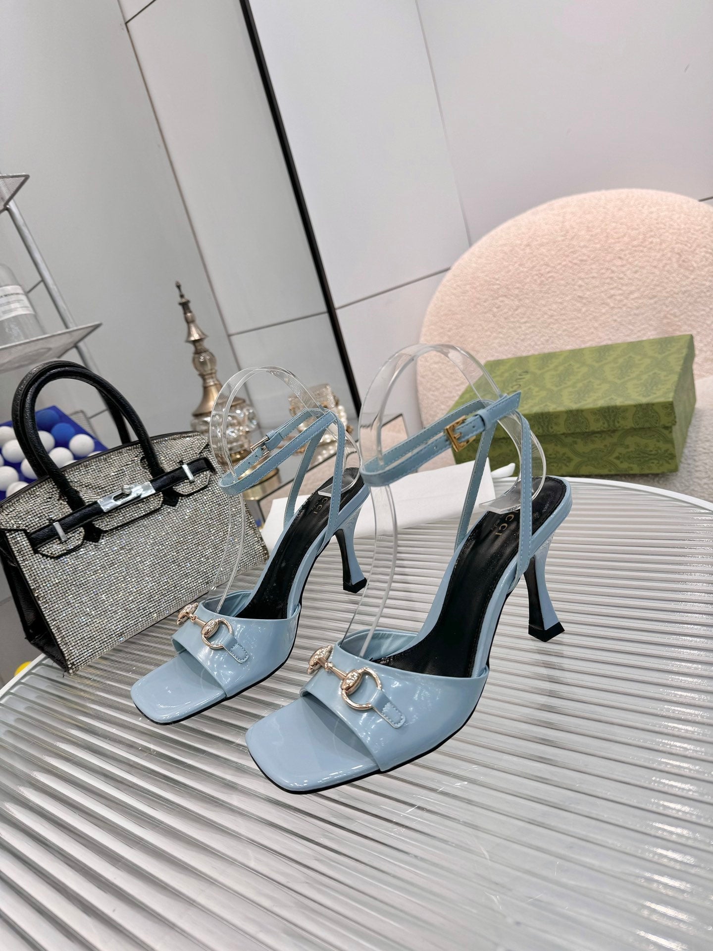 GG Gold Buckle Sandal 80mm Blue-gray Patent Leather 457558