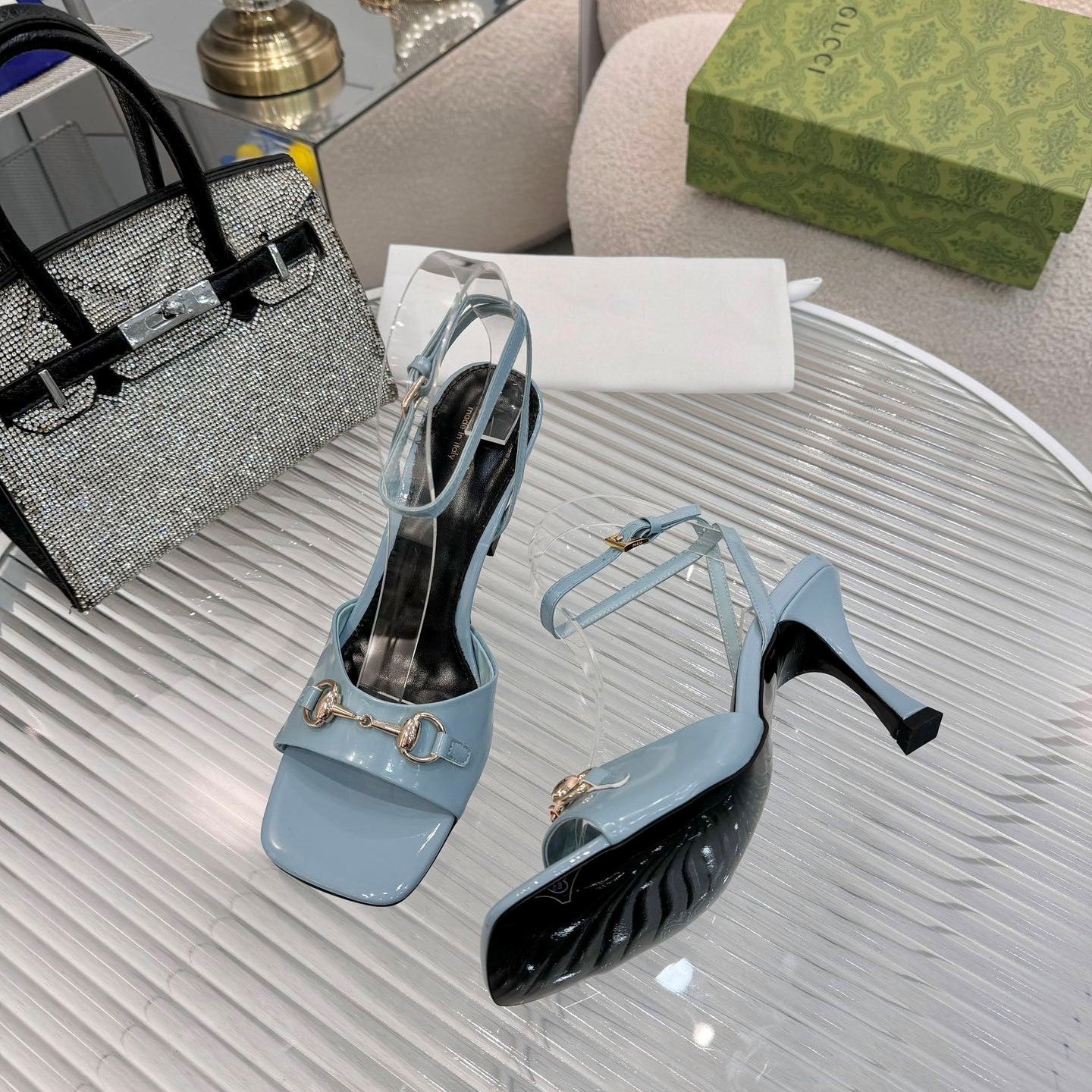 GG Gold Buckle Sandal 80mm Blue-gray Patent Leather 457558