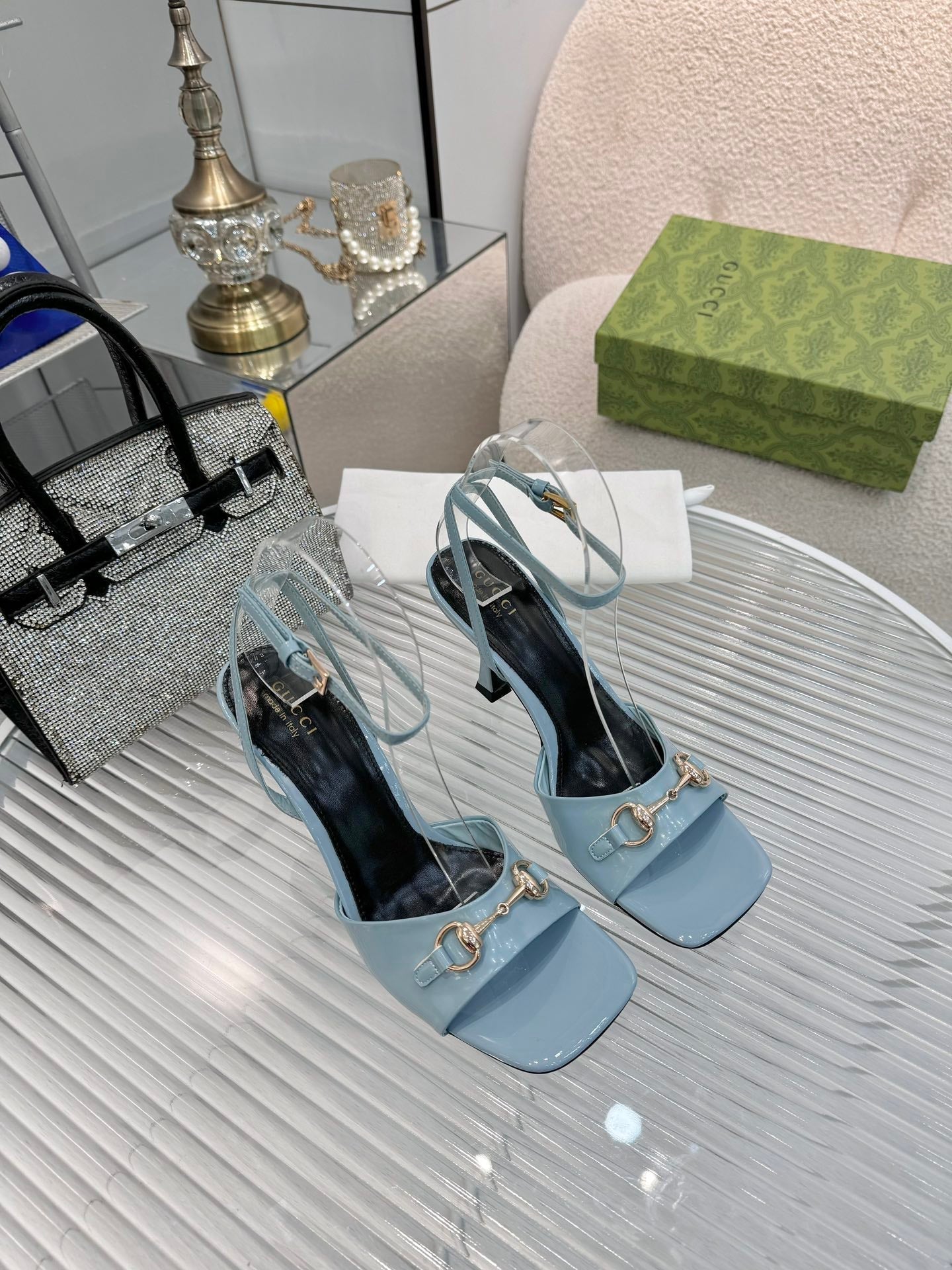 GG Gold Buckle Sandal 80mm Blue-gray Patent Leather 457558