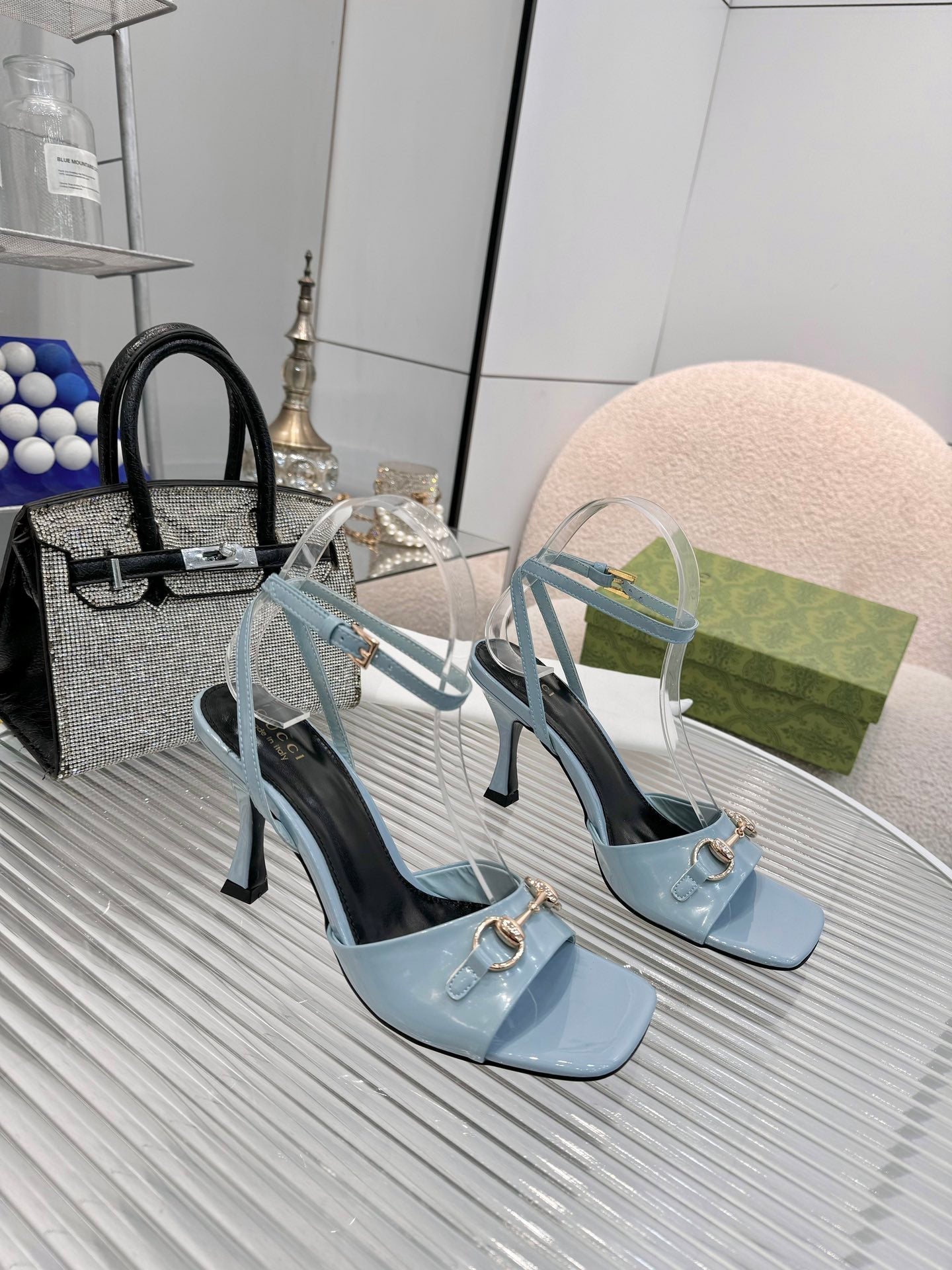 GG Gold Buckle Sandal 80mm Blue-gray Patent Leather 457558