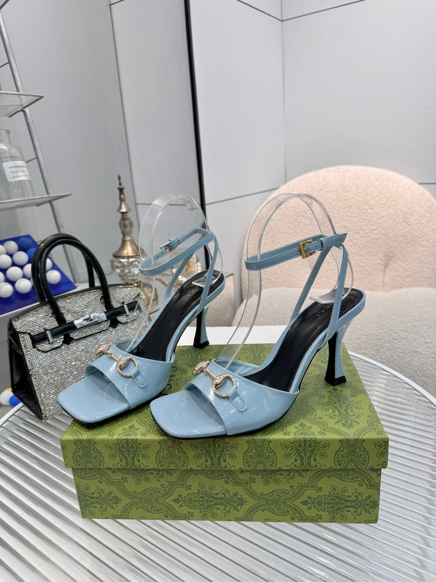 GG Gold Buckle Sandal 80mm Blue-gray Patent Leather 457558
