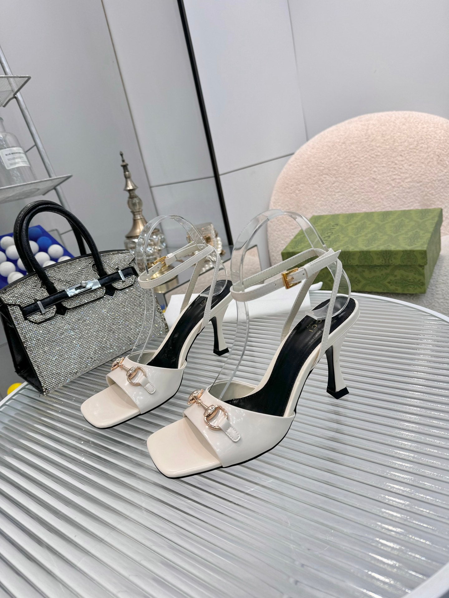 GG Gold Buckle Sandal 80mm Cream Patent Leather 457559