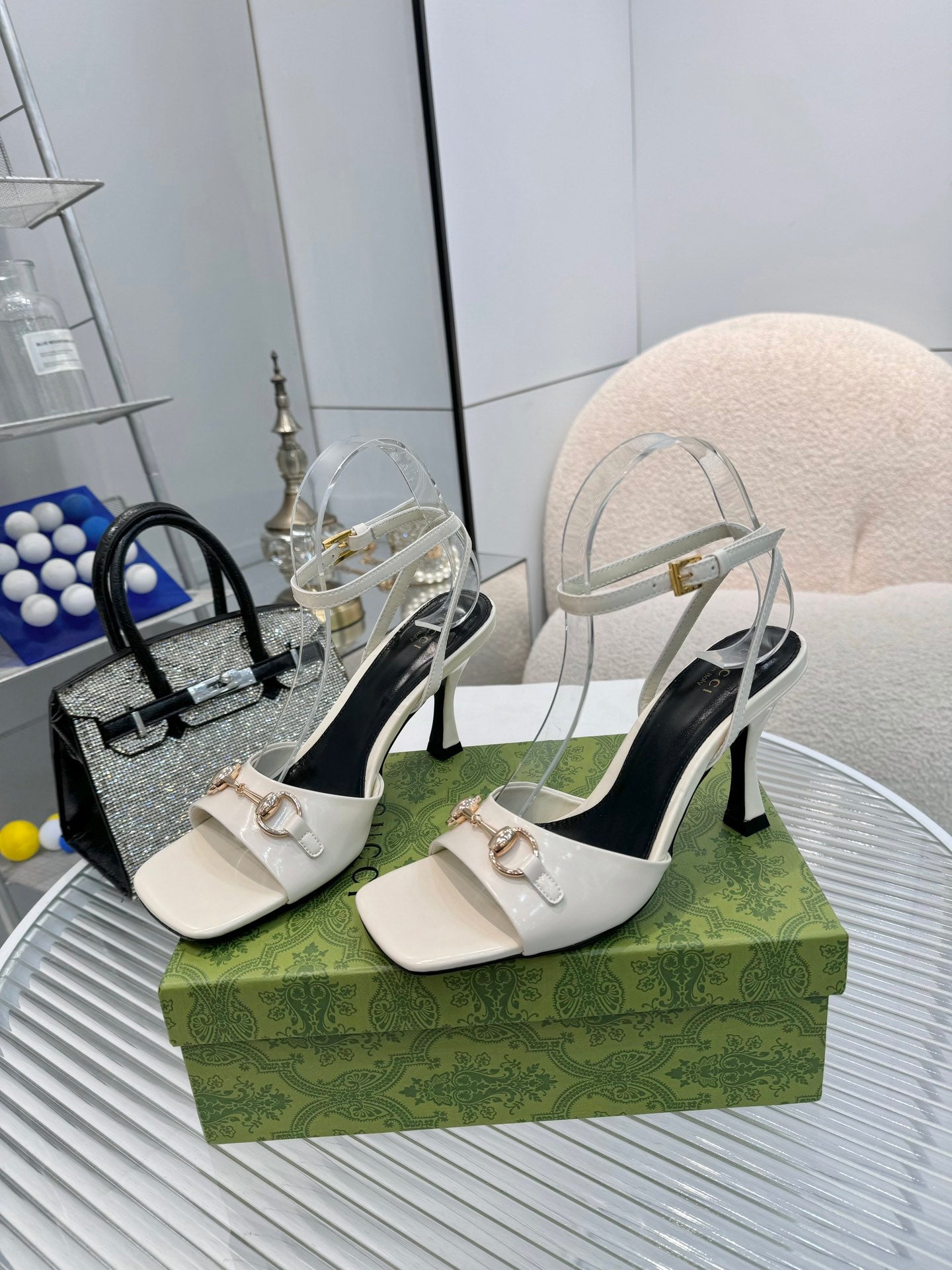 GG Gold Buckle Sandal 80mm Cream Patent Leather 457559