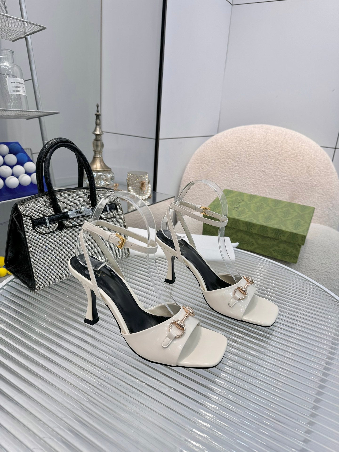 GG Gold Buckle Sandal 80mm Cream Patent Leather 457559