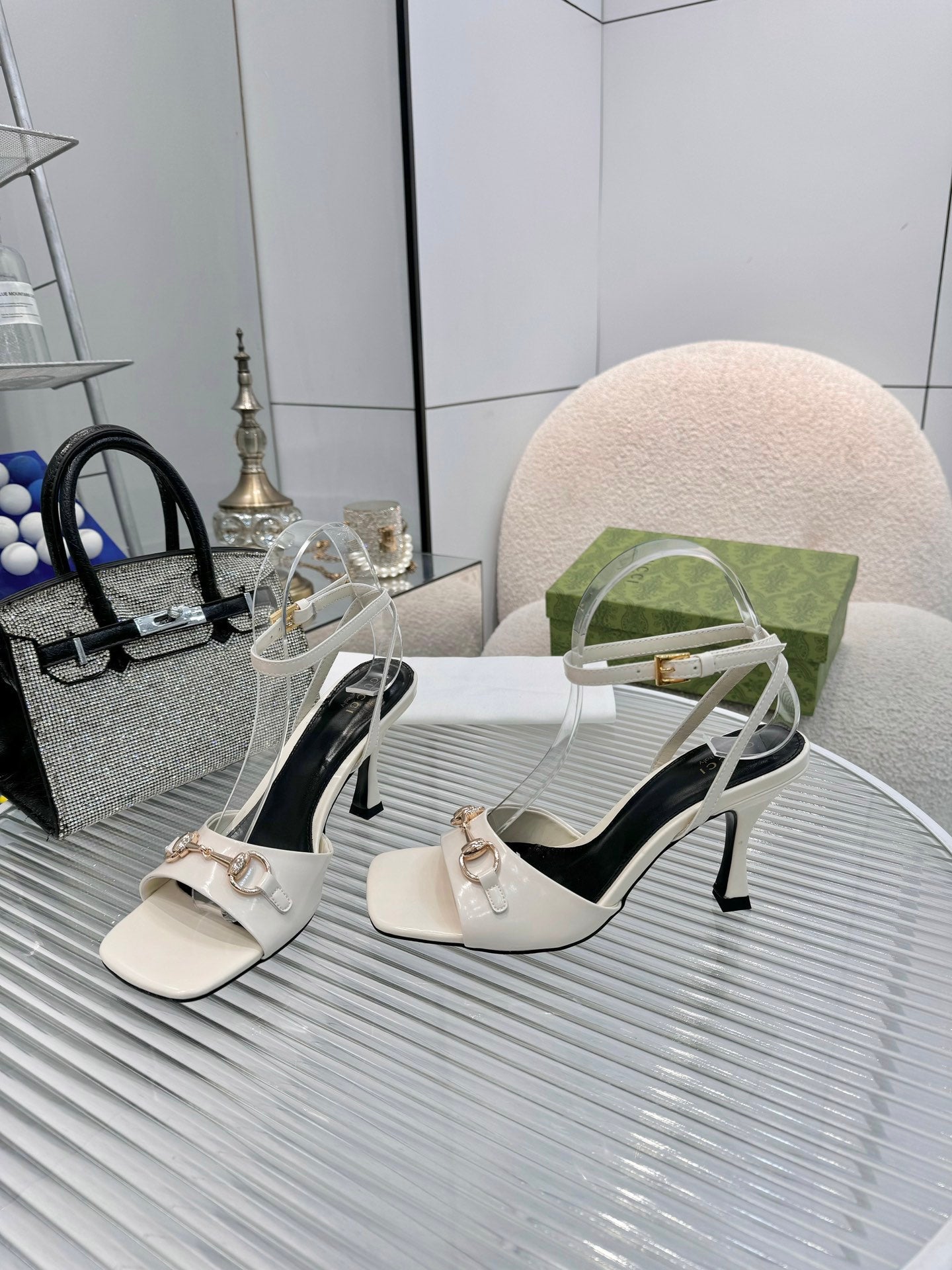 GG Gold Buckle Sandal 80mm Cream Patent Leather 457559