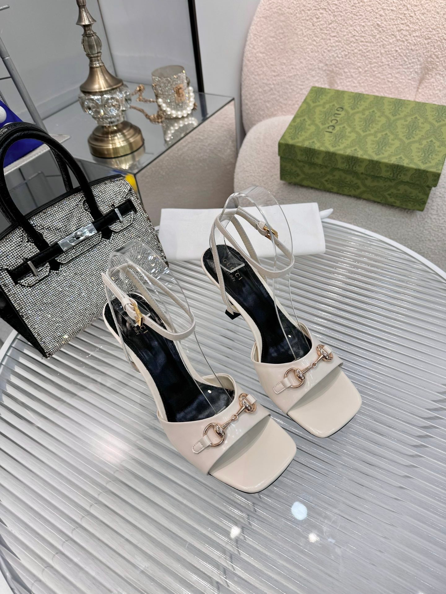 GG Gold Buckle Sandal 80mm Cream Patent Leather 457559