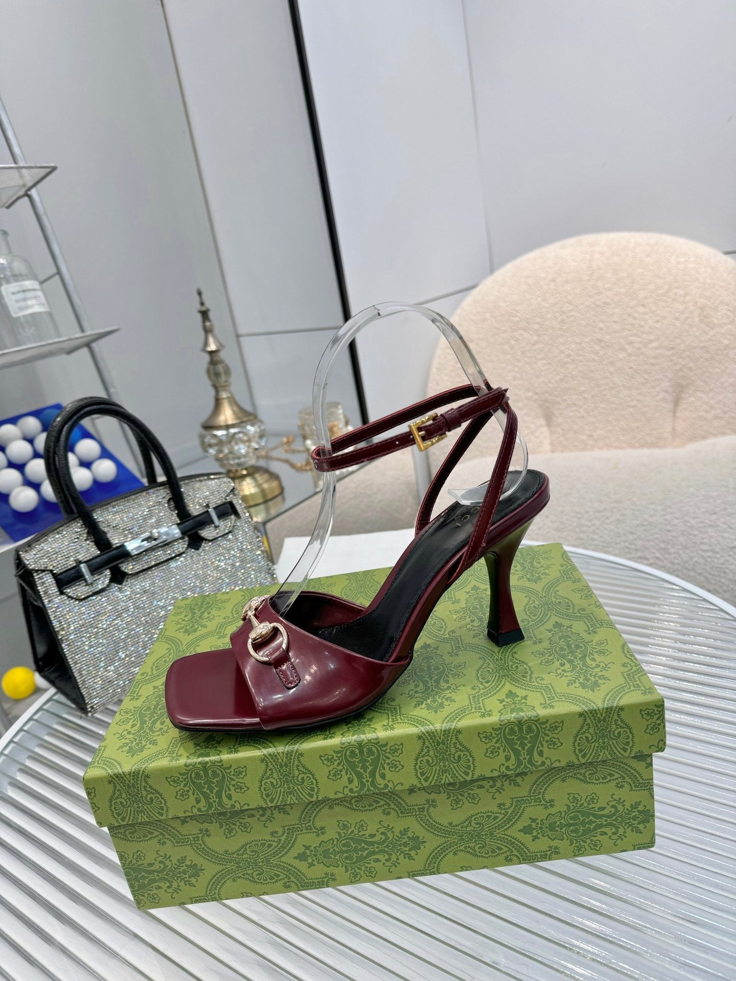 GG Gold Buckle Sandal 80mm Burgundy Patent Leather 457560