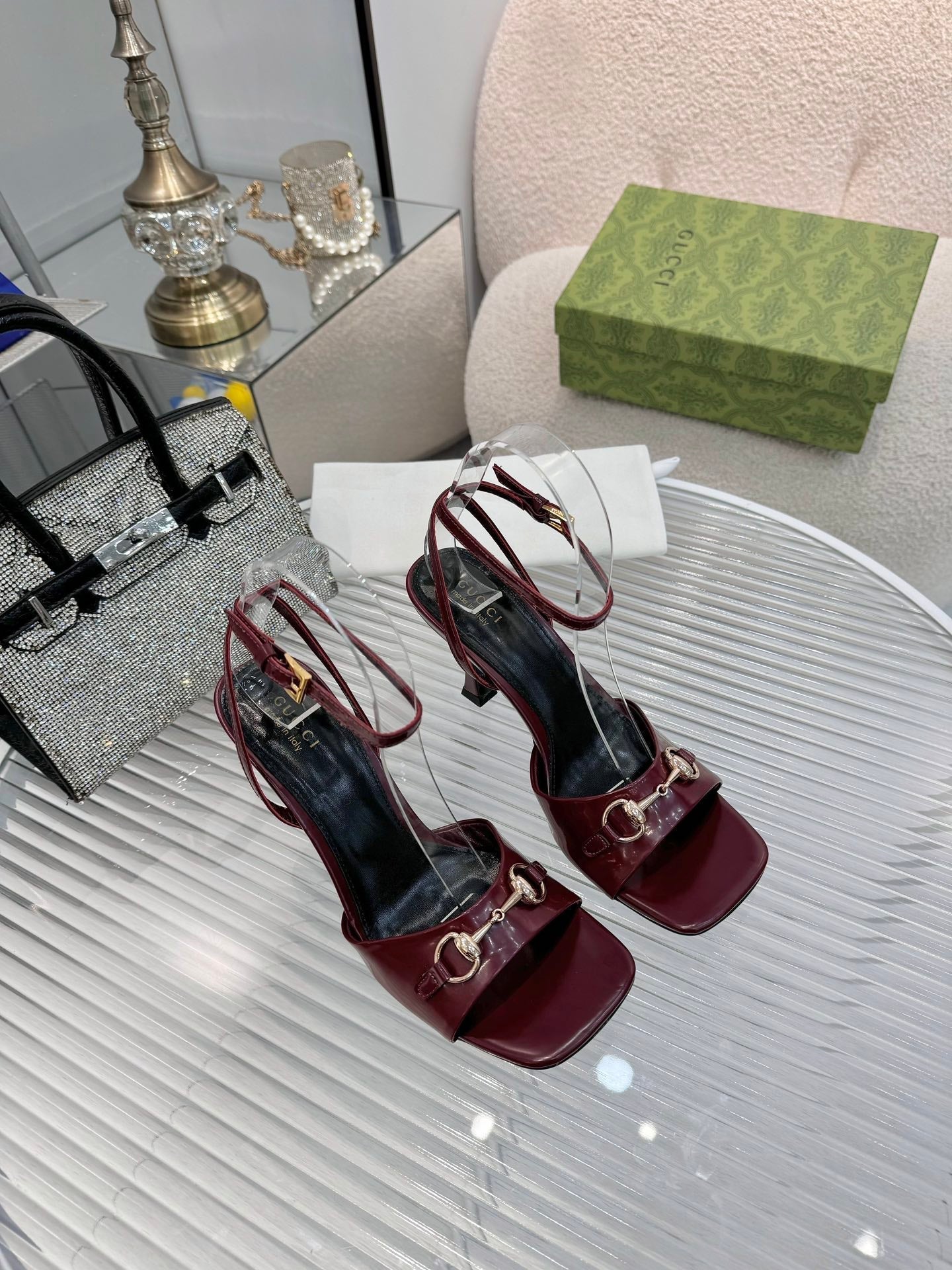 GG Gold Buckle Sandal 80mm Burgundy Patent Leather 457560