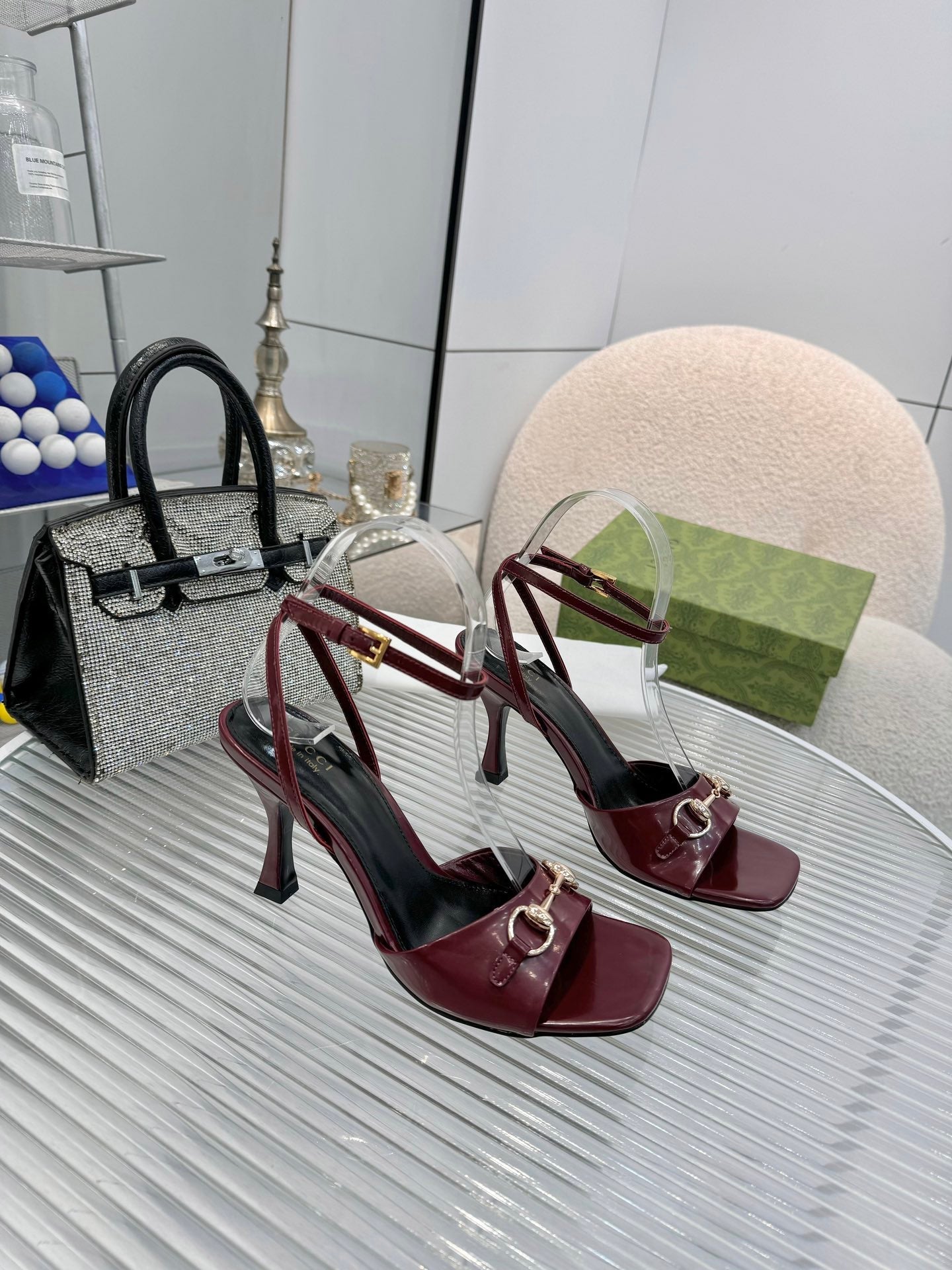GG Gold Buckle Sandal 80mm Burgundy Patent Leather 457560