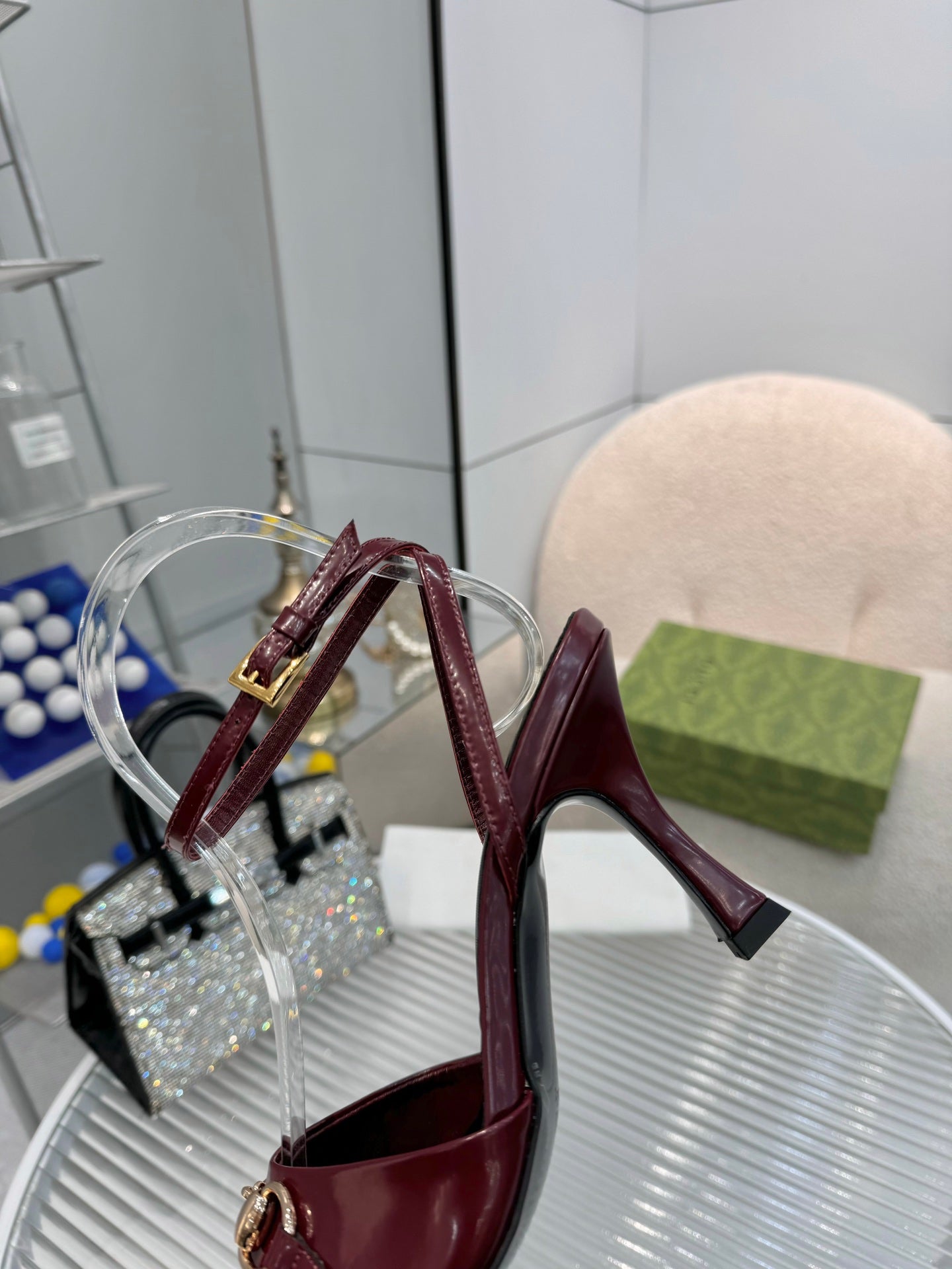 GG Gold Buckle Sandal 80mm Burgundy Patent Leather 457560