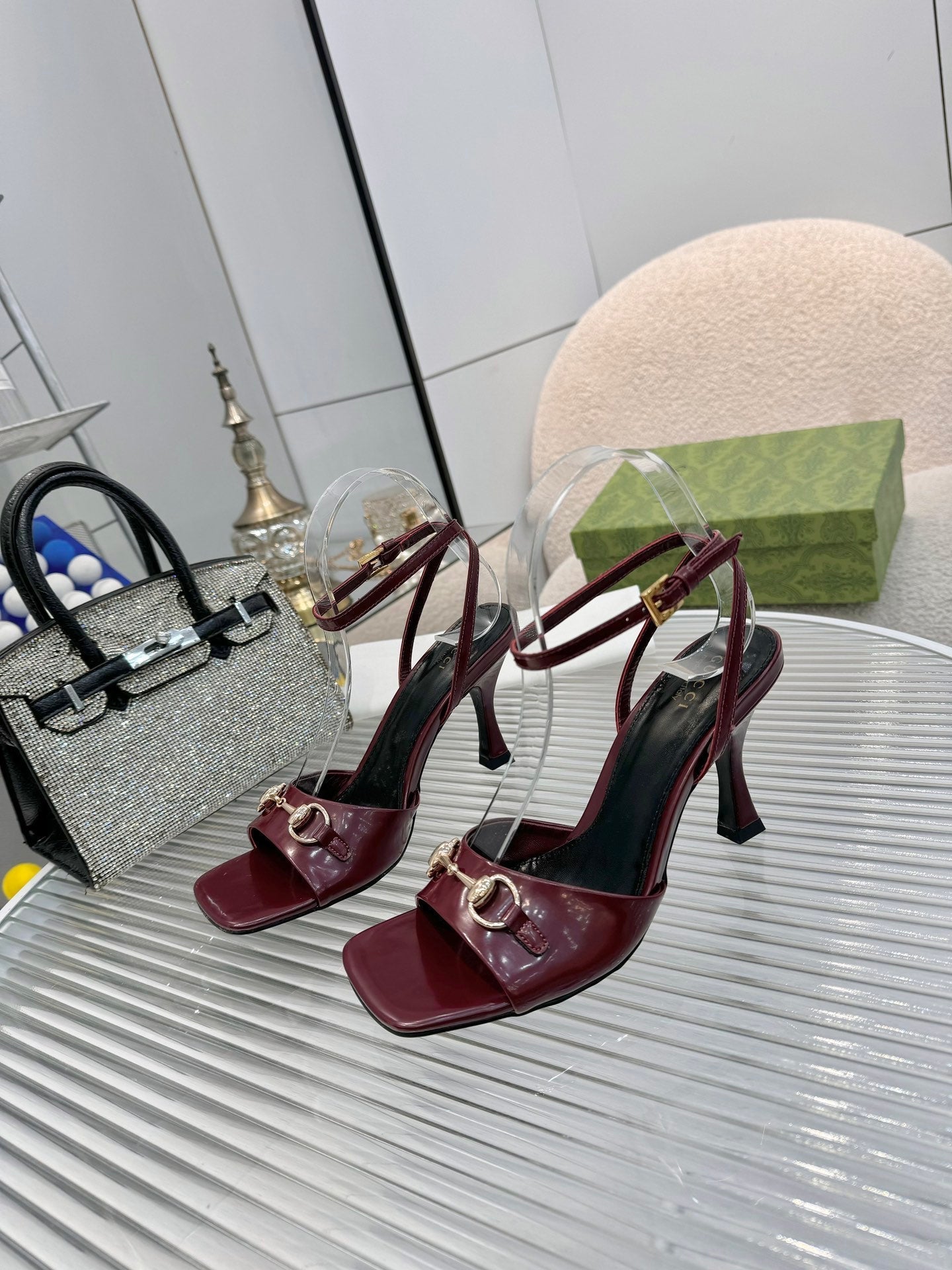GG Gold Buckle Sandal 80mm Burgundy Patent Leather 457560