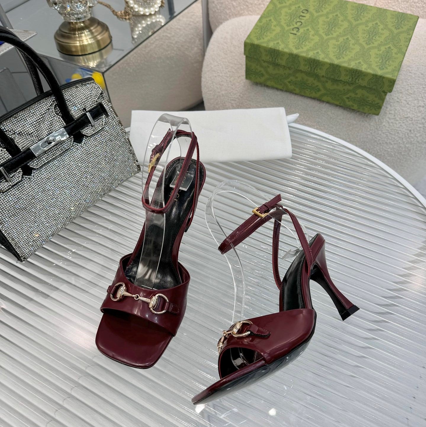 GG Gold Buckle Sandal 80mm Burgundy Patent Leather 457560