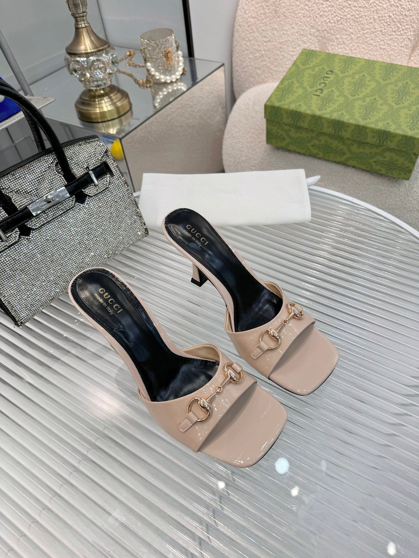 GG Gold Buckle Slide Sandal 80mm Beige Patent Leather 457561
