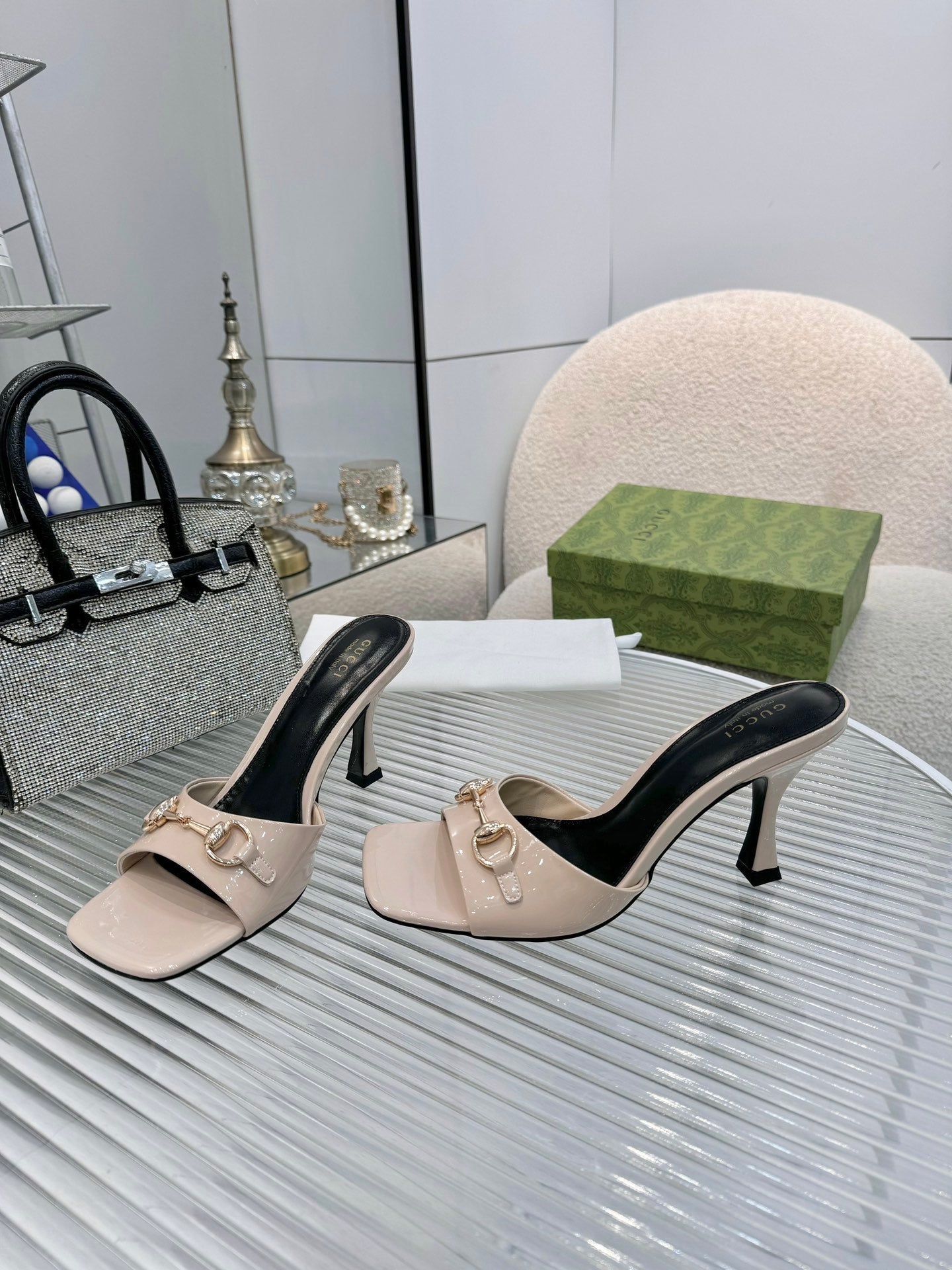 GG Gold Buckle Slide Sandal 80mm Beige Patent Leather 457561