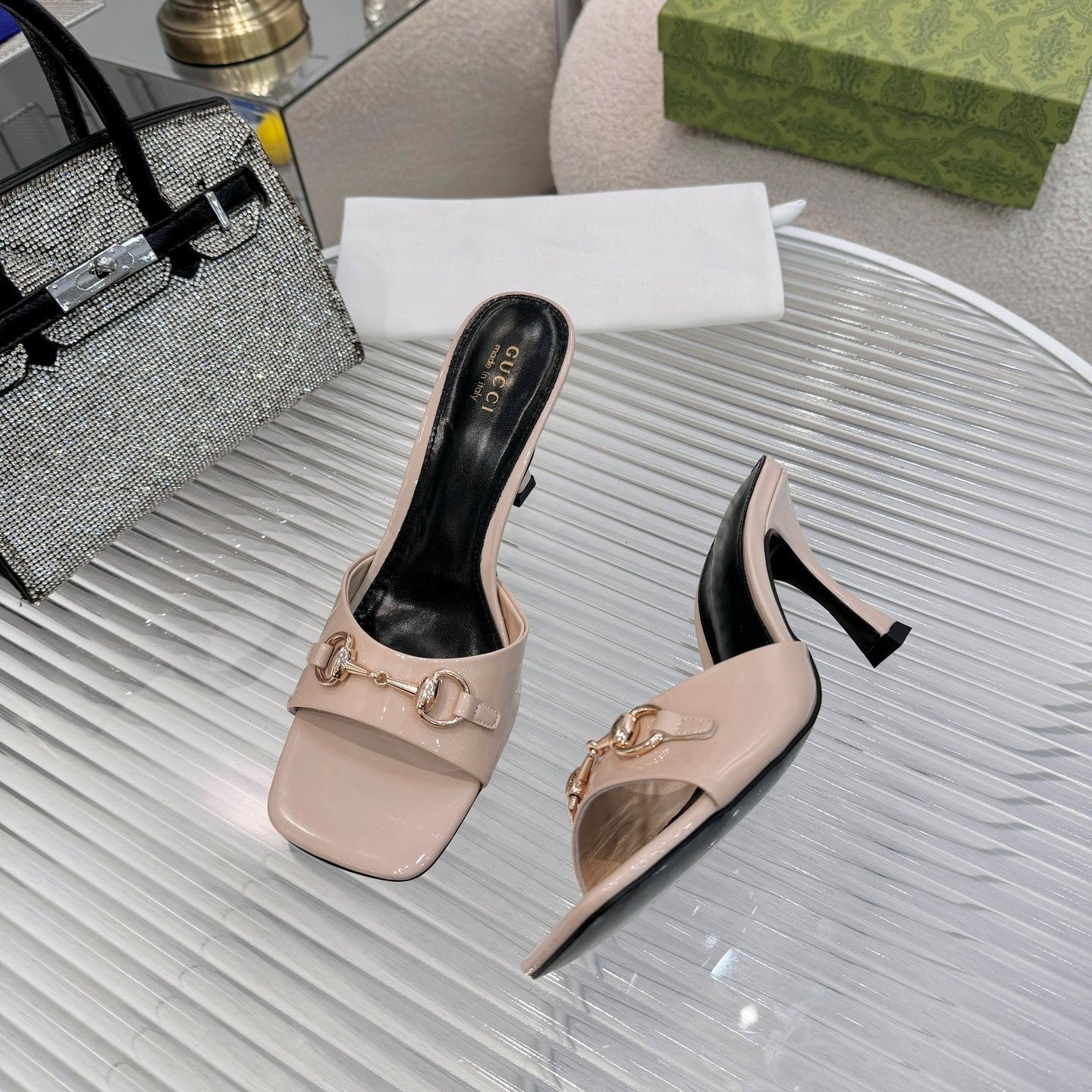 GG Gold Buckle Slide Sandal 80mm Beige Patent Leather 457561